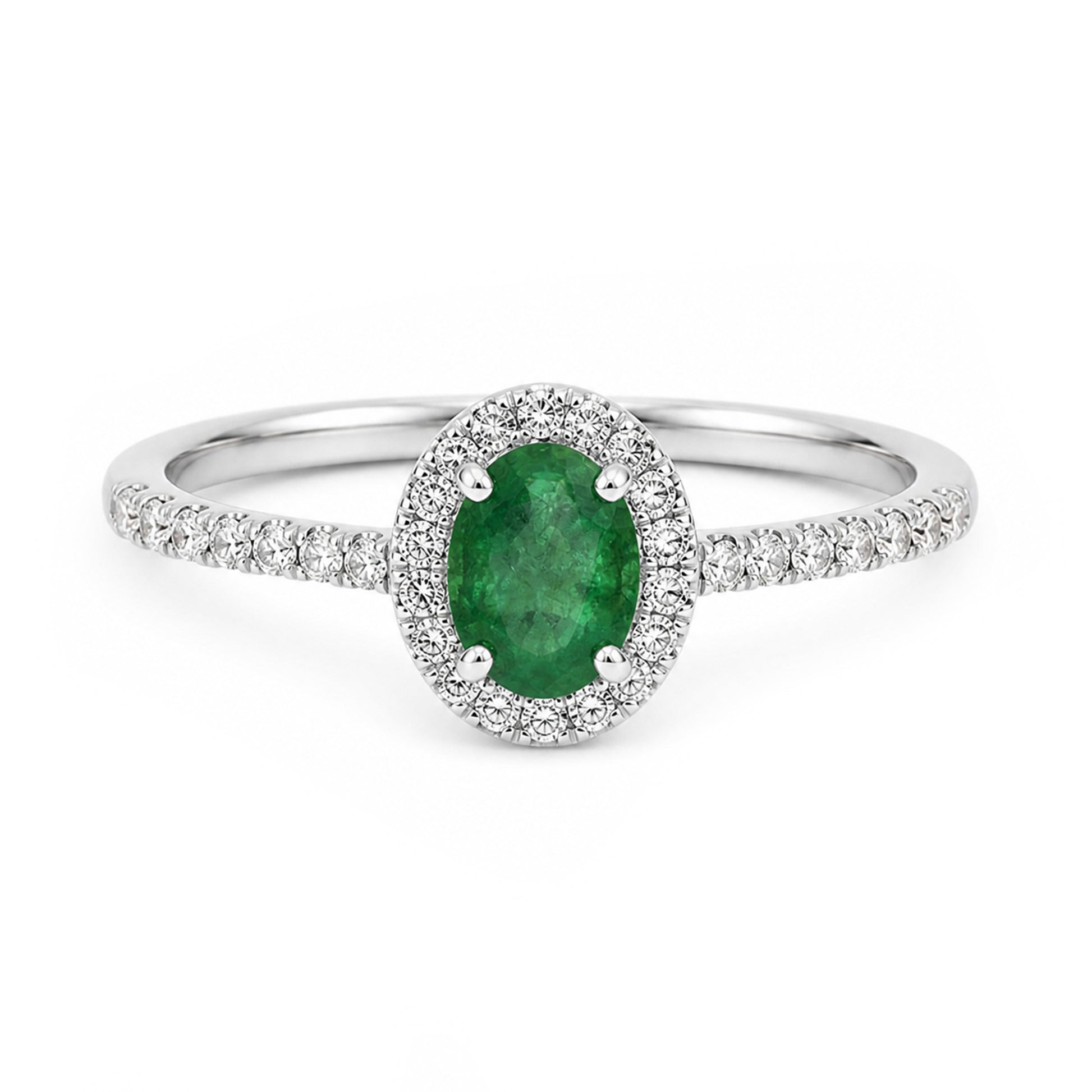 Platinum Oval Cut 7x5mm Emerald with Diamond Halo Ring