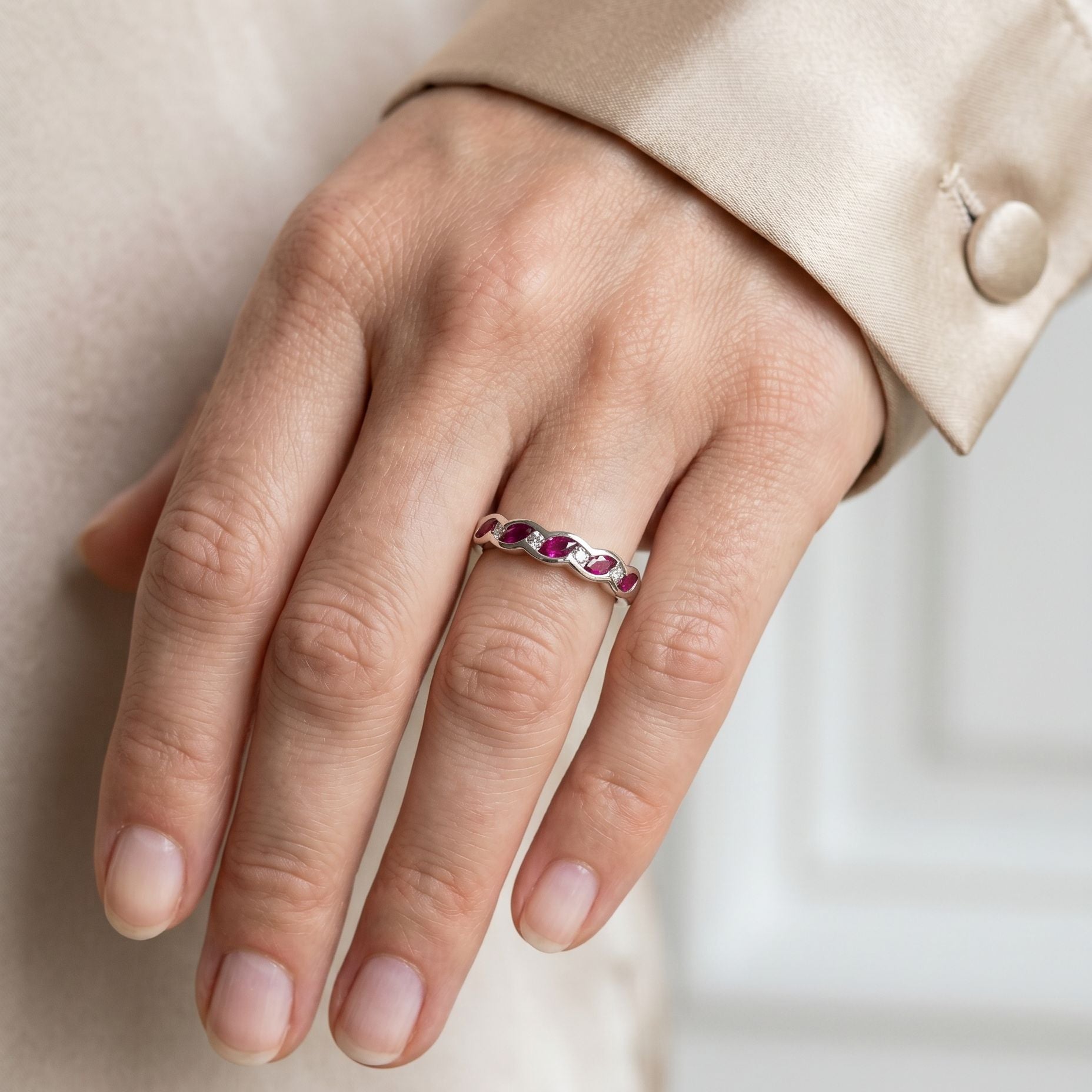 Platinum 0.35ct Marquise Ruby and 0.07ct Round Diamond Eternity Ring