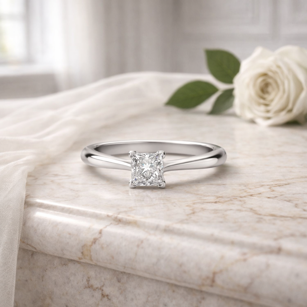 Platinum 0.50ct Princess Cut Diamond and Round Diamond Three Stone Ring