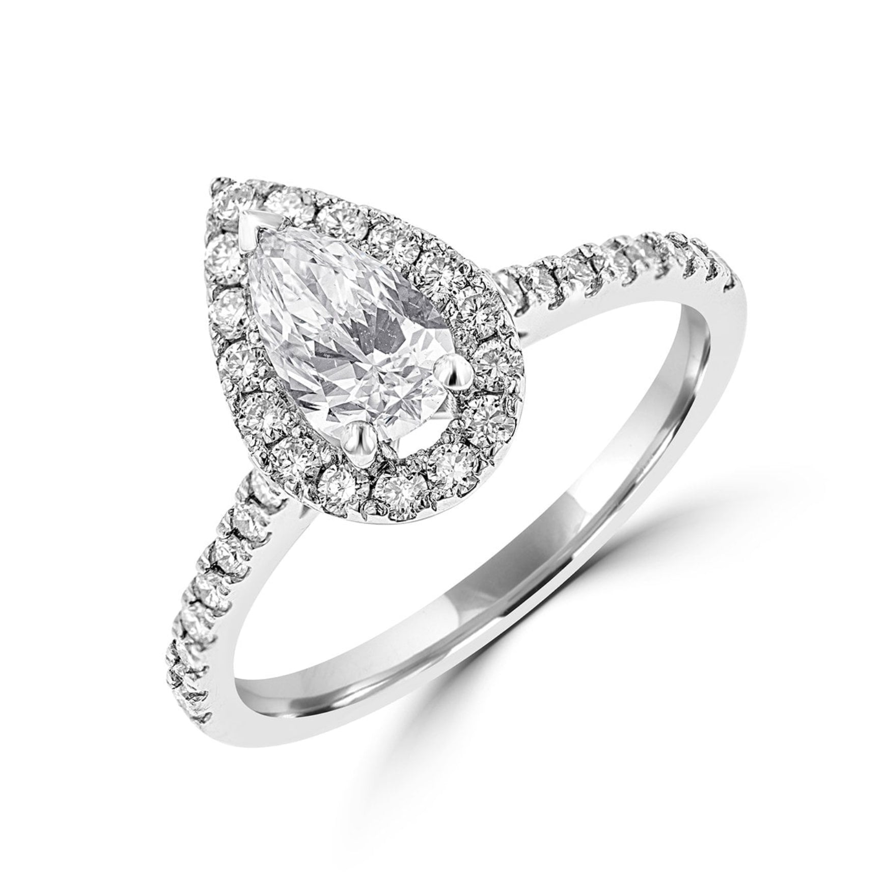Platinum 0.70ct Pear Shape Diamond Halo Shoulder Set Engagement Ring