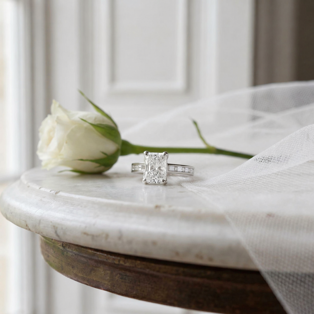 Platinum 1.87ct Radiant Cut Lab Grown Diamond Ring With Baguette Diamond Shoulders