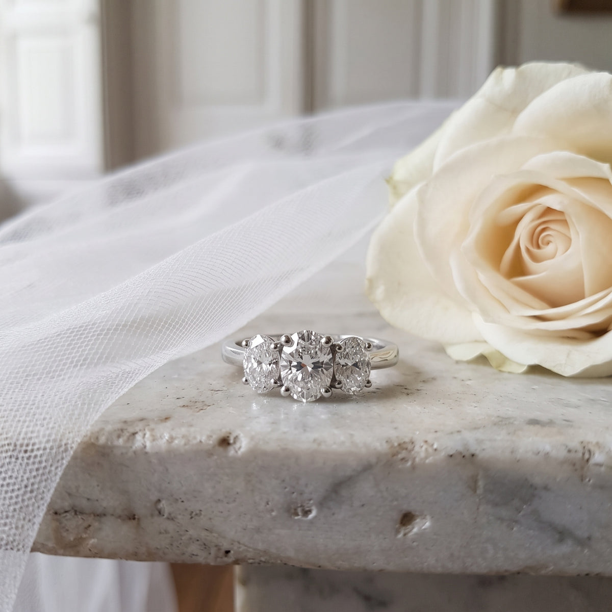 Platinum 2.00ct Oval Three Stone Natural Diamond Ring
