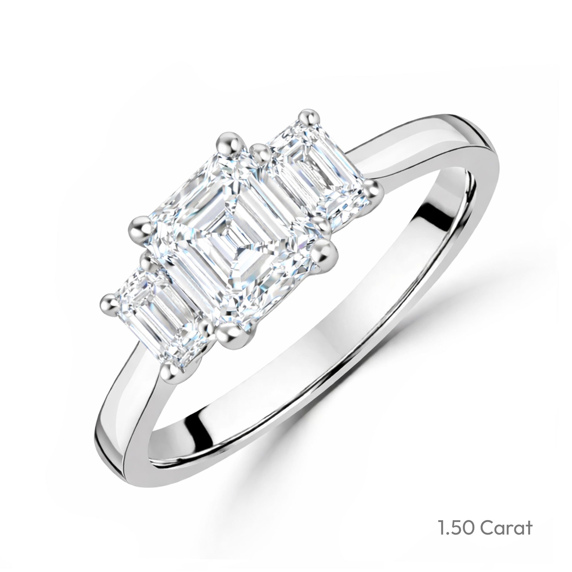 Platinum Emerald Cut Lab Grown Diamond Three Stone Engagement Ring