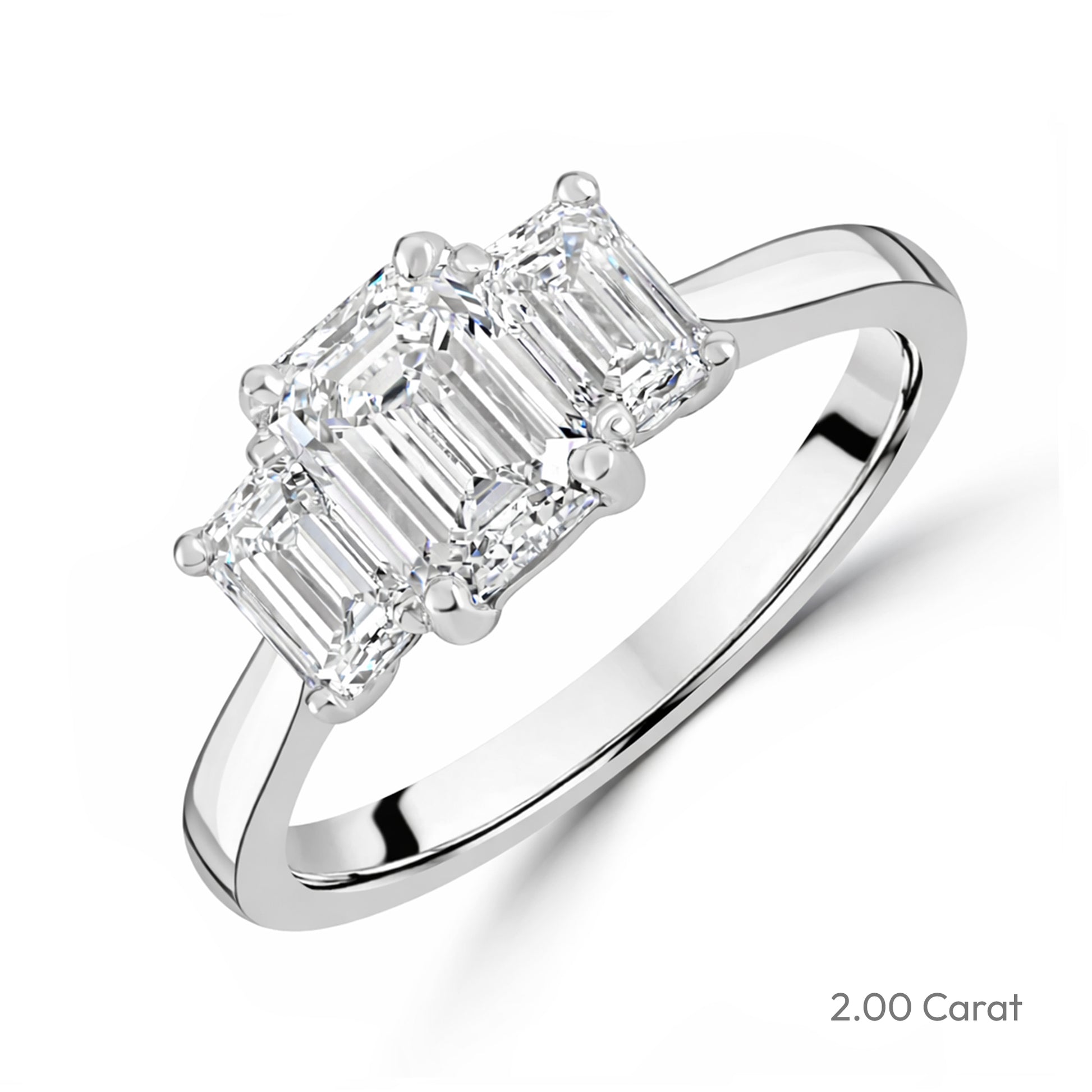 Platinum Emerald Cut Lab Grown Diamond Three Stone Engagement Ring