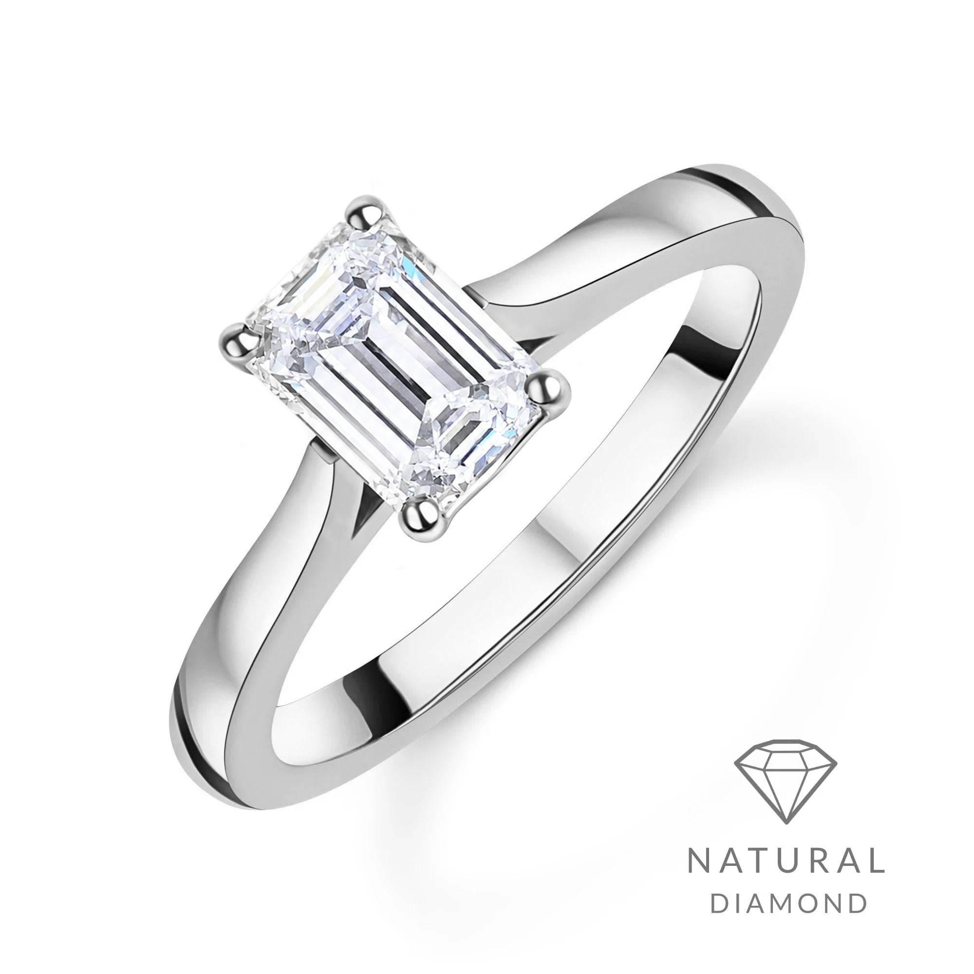Platinum Emerald Cut Natural Diamond Four Claw Solitaire Engagement Ring