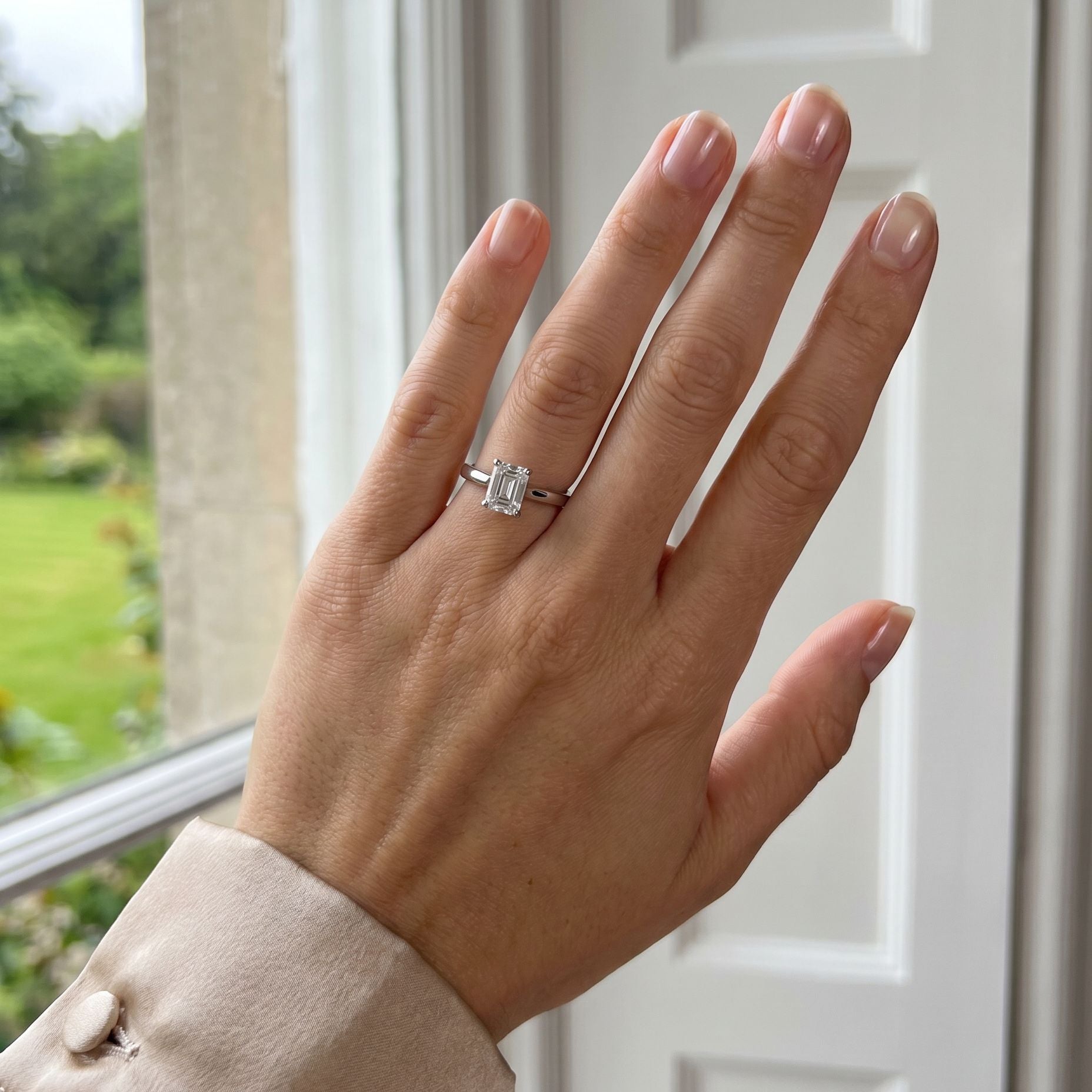 Platinum Emerald Cut Natural Diamond Four Claw Solitaire Engagement Ring