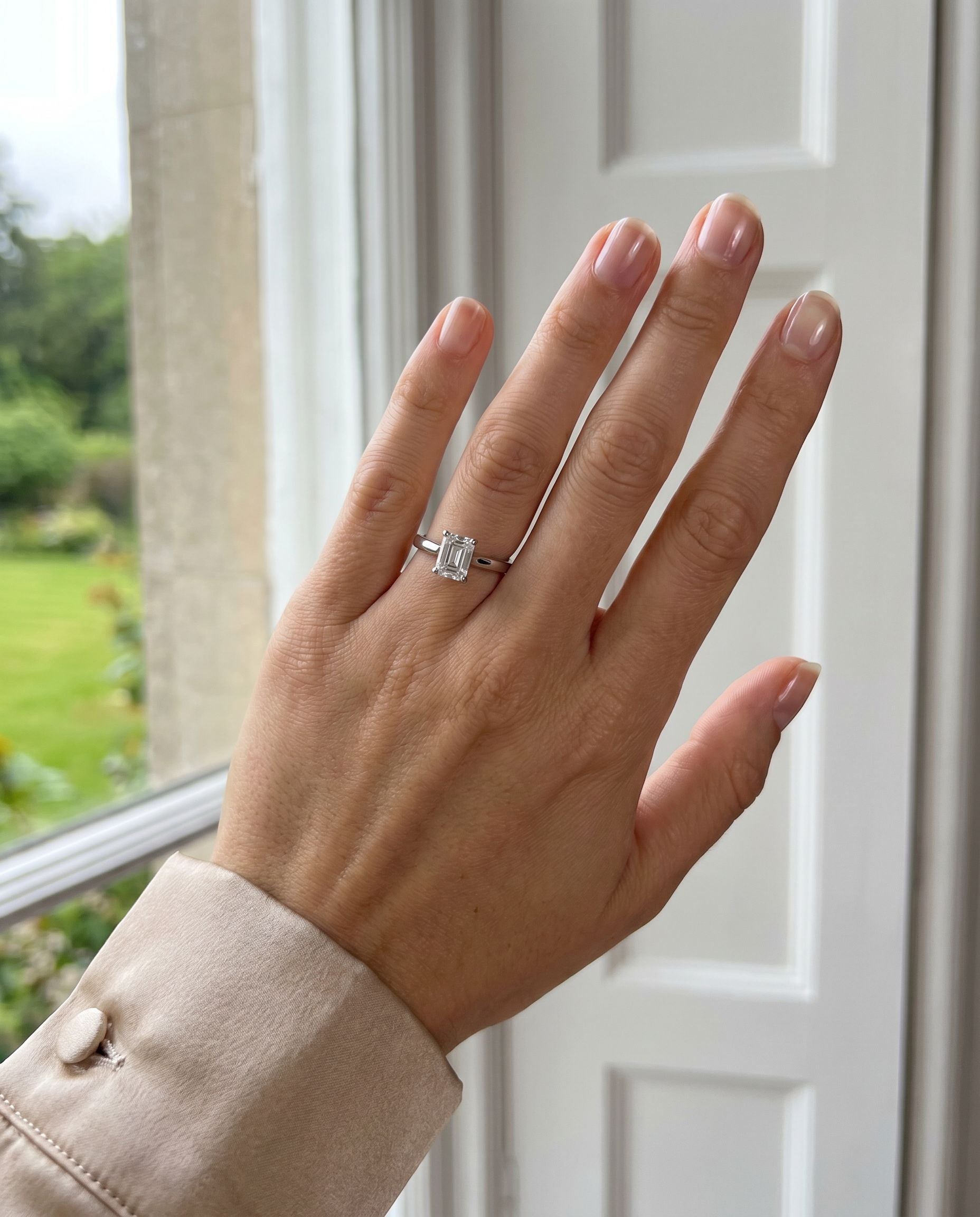 Platinum Emerald Cut Natural Diamond Four Claw Solitaire Engagement Ring