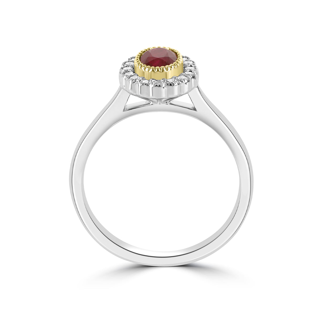 Platinum & Gold Oval Ruby and Diamond Halo Ring