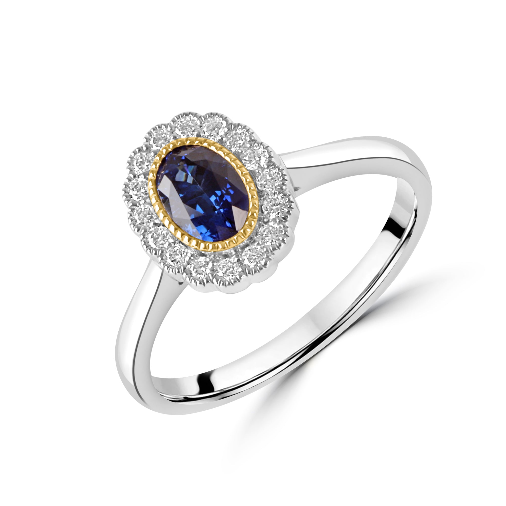 Platinum & Gold Oval Sapphire and Diamond Halo Ring