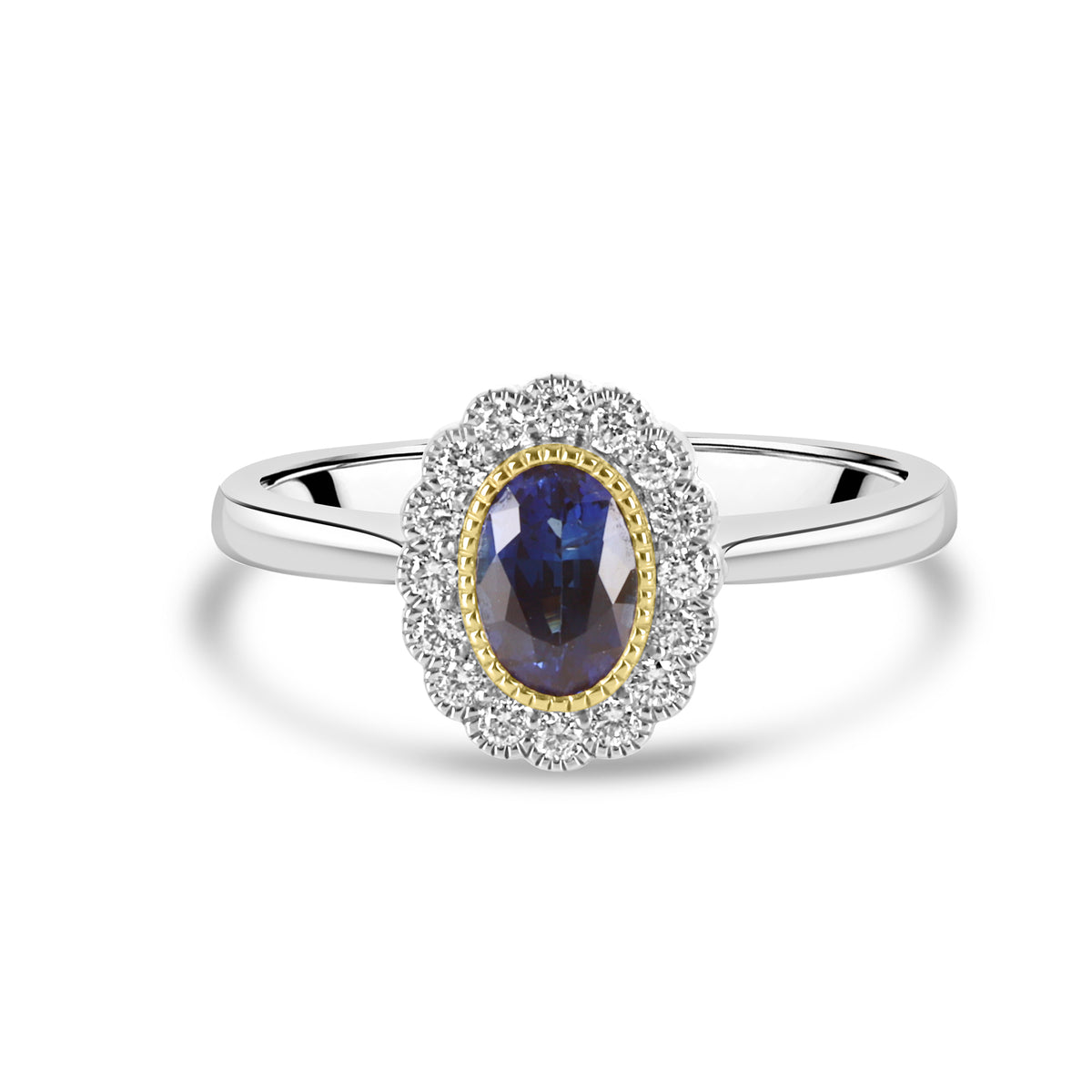 Platinum & Gold Oval Sapphire and Diamond Halo Ring
