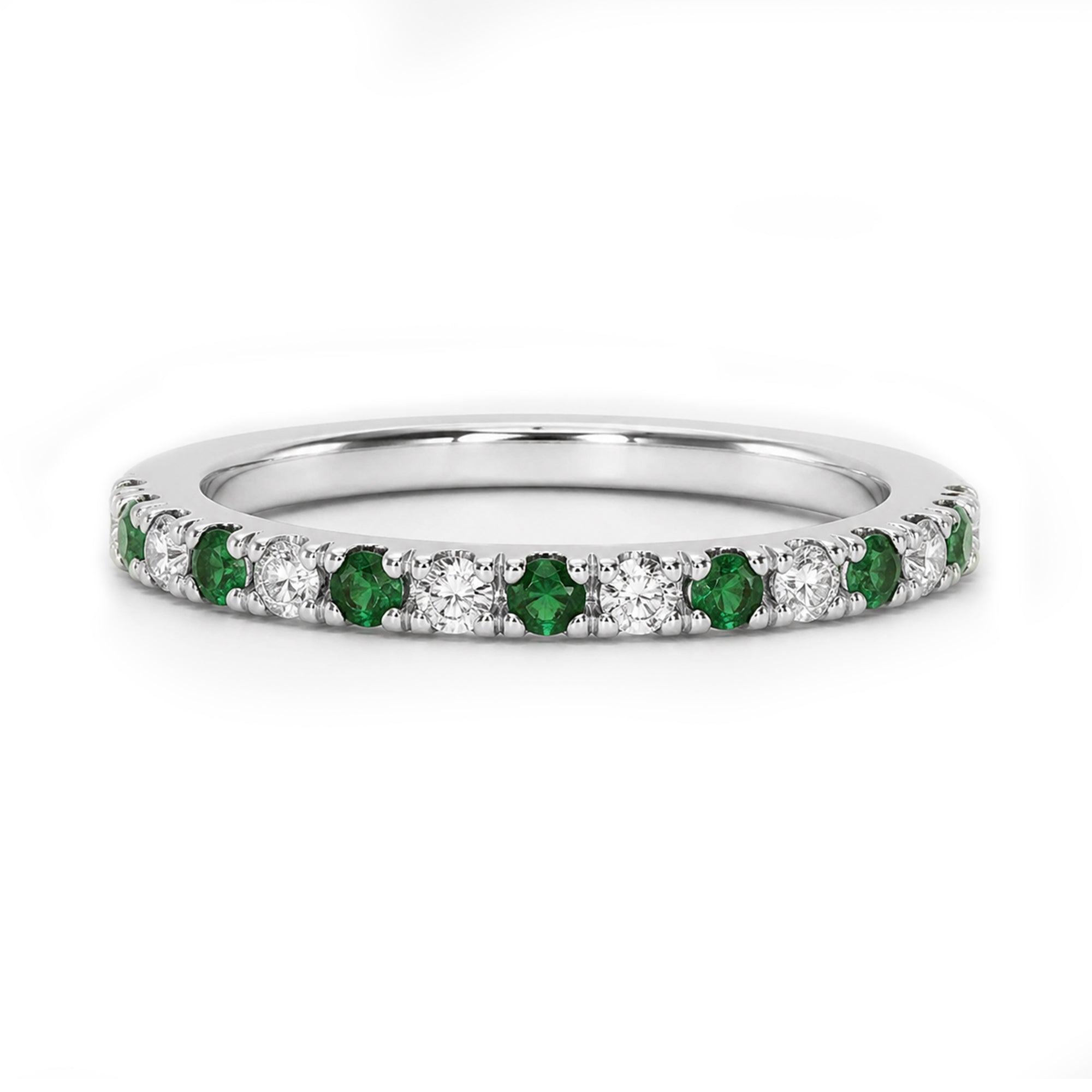 Platinum Half Eternity Ring Set With Emeralds and Diamonds