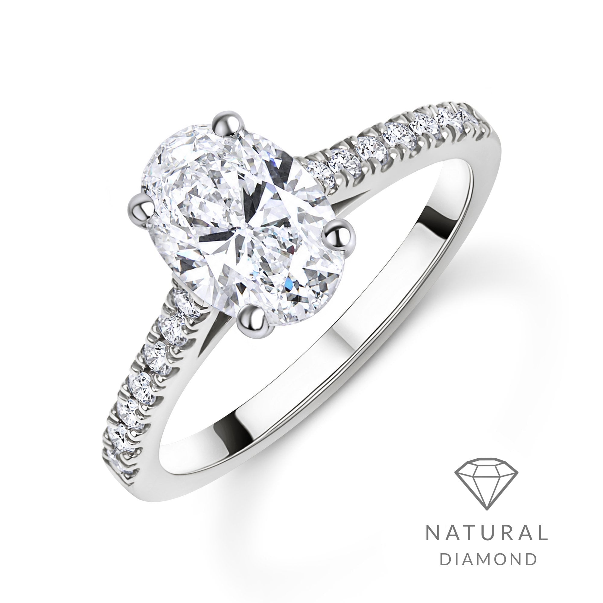 Platinum Oval Natural Diamond Four Claw Engagement Ring With Diamond Shoulders