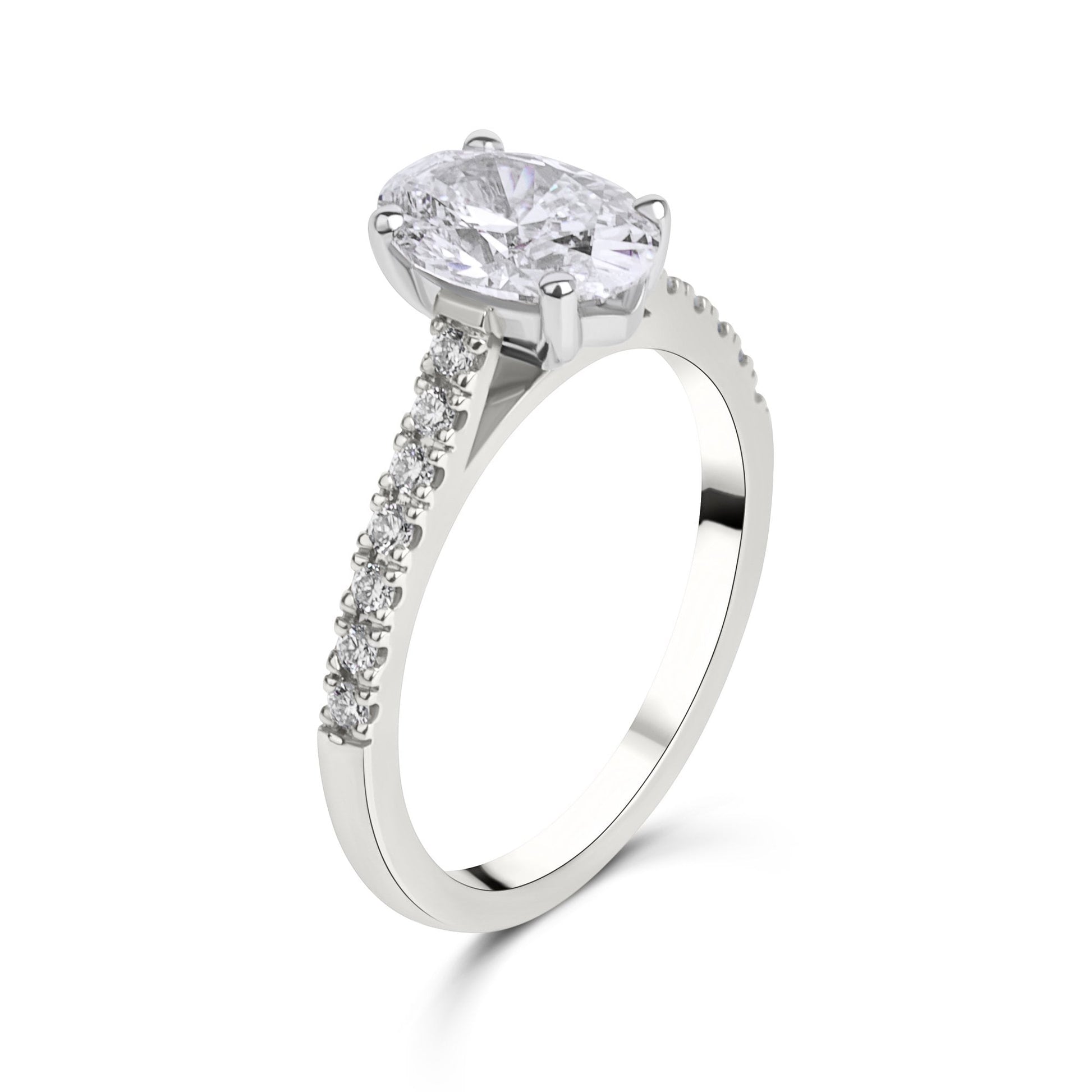 Platinum Oval Natural Diamond Four Claw Engagement Ring With Diamond Shoulders