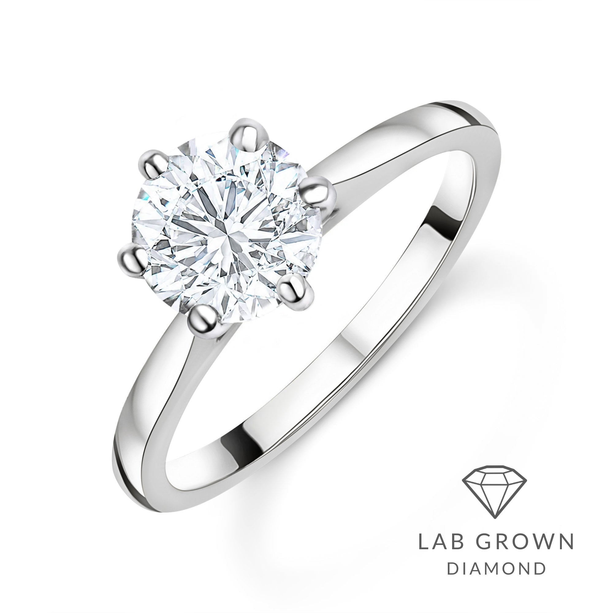 Platinum Round Brilliant Cut Lab Grown Diamond Six Claw Solitaire Engagement Ring