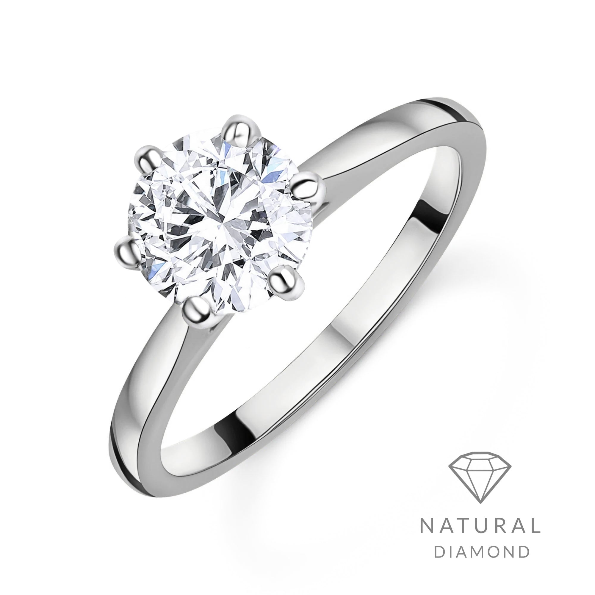 Platinum Round Brilliant Cut Natural Diamond Six Claw Solitaire Engagement Ring