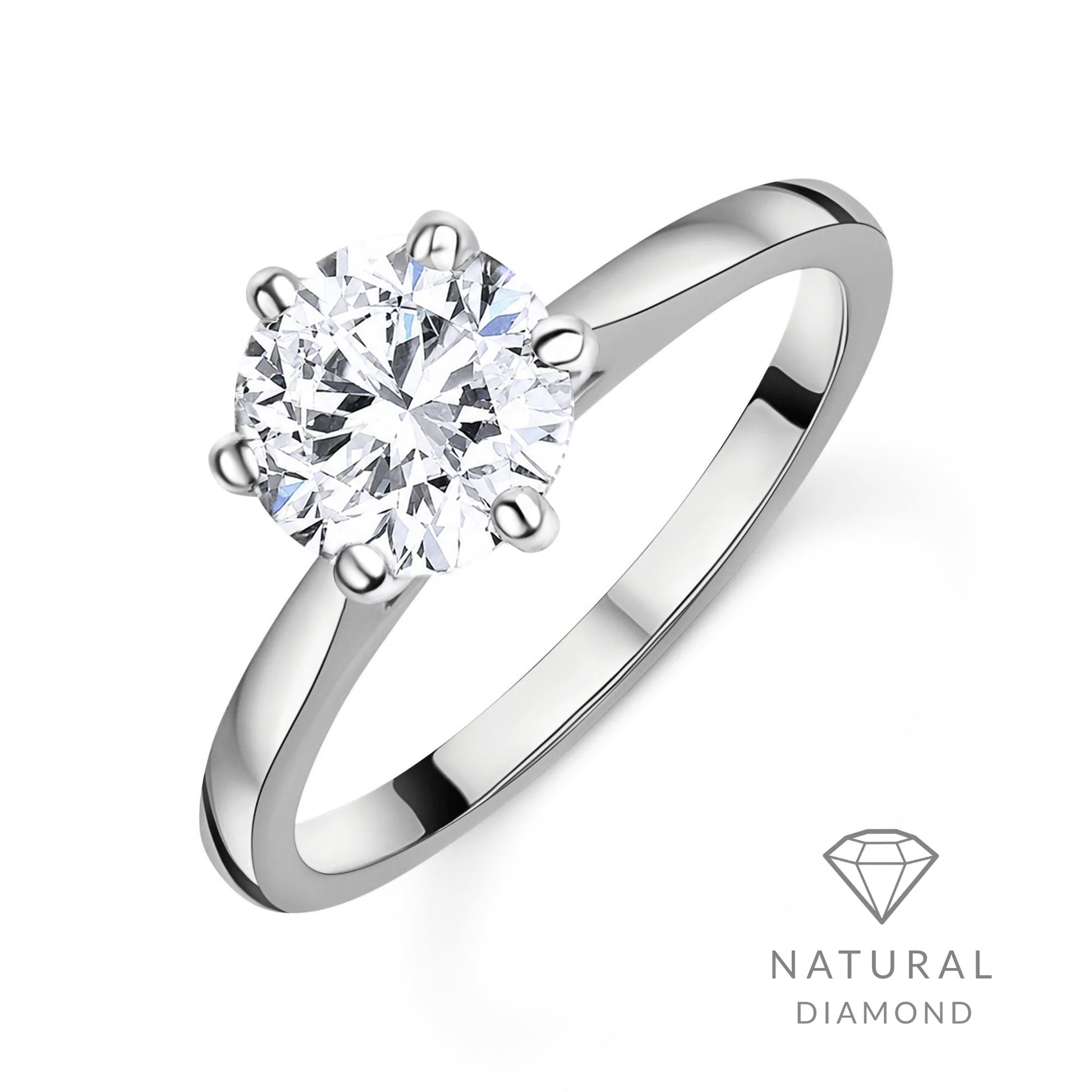 Platinum Round Brilliant Cut Natural Diamond Six Claw Solitaire Engagement Ring