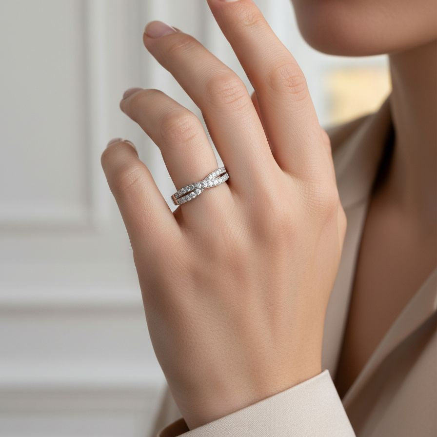 Platinum Round Diamond Crossover Band Ring
