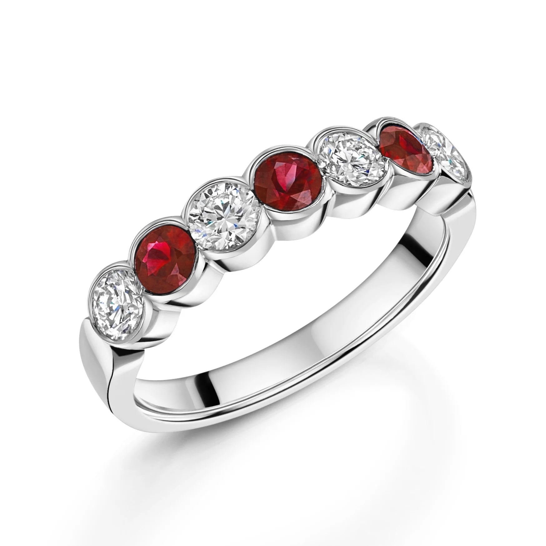 Platinum Round Ruby and Diamond Scalloped Edge Eternity Ring