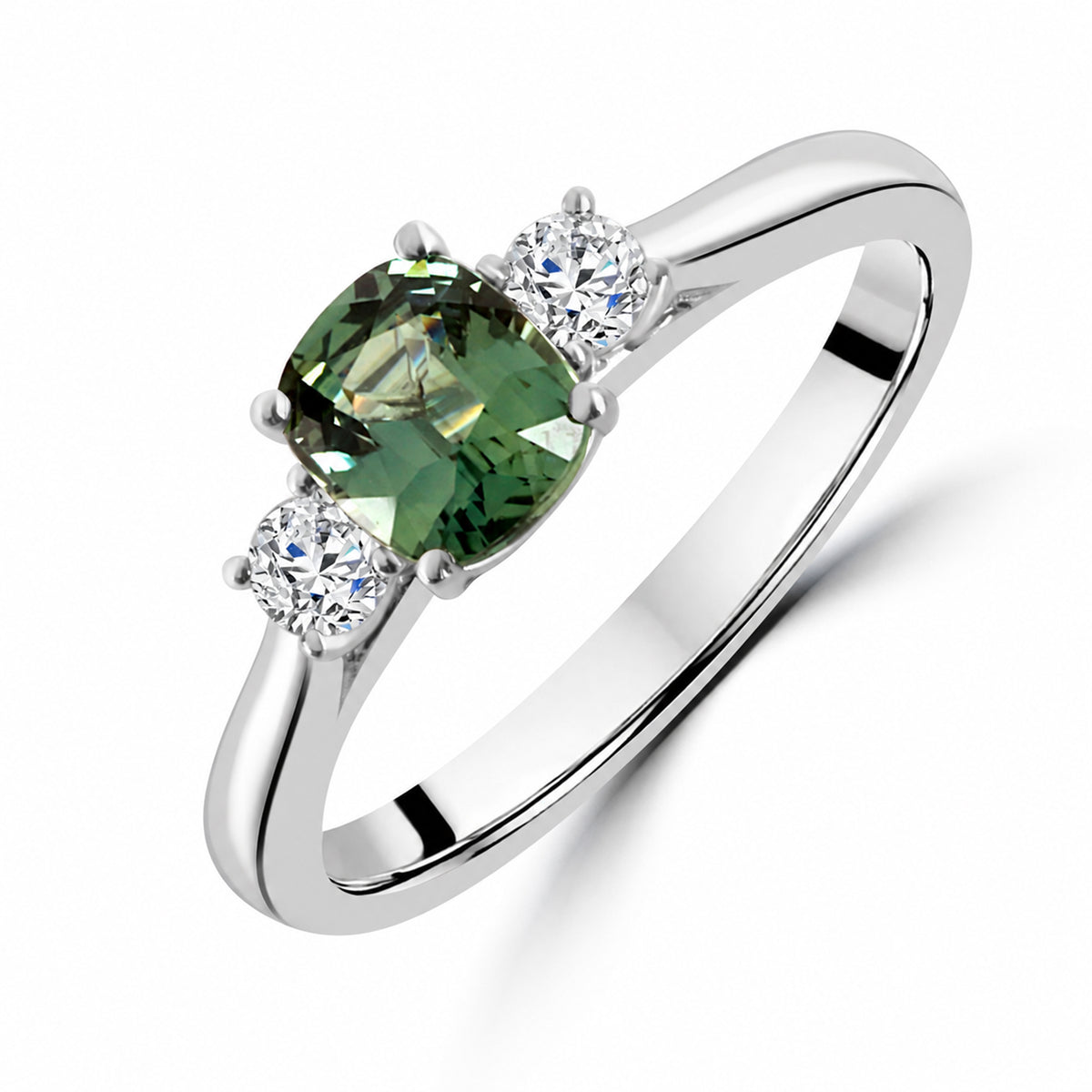 Platinum Three-Stone Cushion Cut Green Sapphire and Diamond Ring