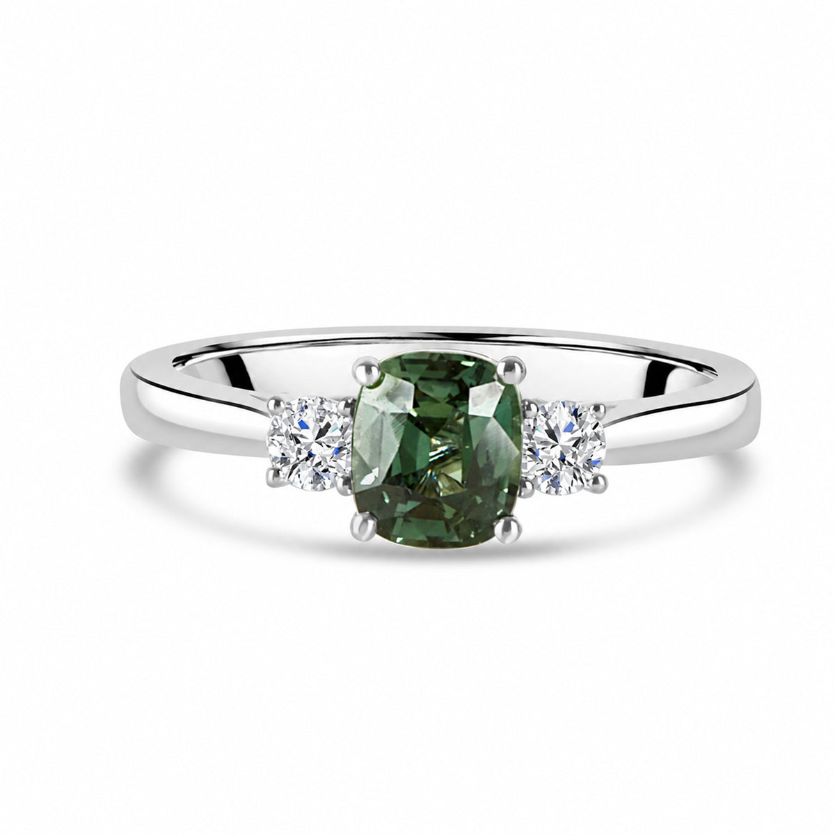 Platinum Three-Stone Cushion Cut Green Sapphire and Diamond Ring