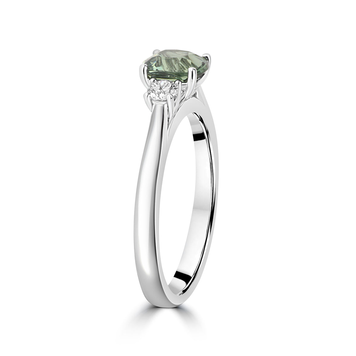 Platinum Three-Stone Cushion Cut Green Sapphire and Diamond Ring