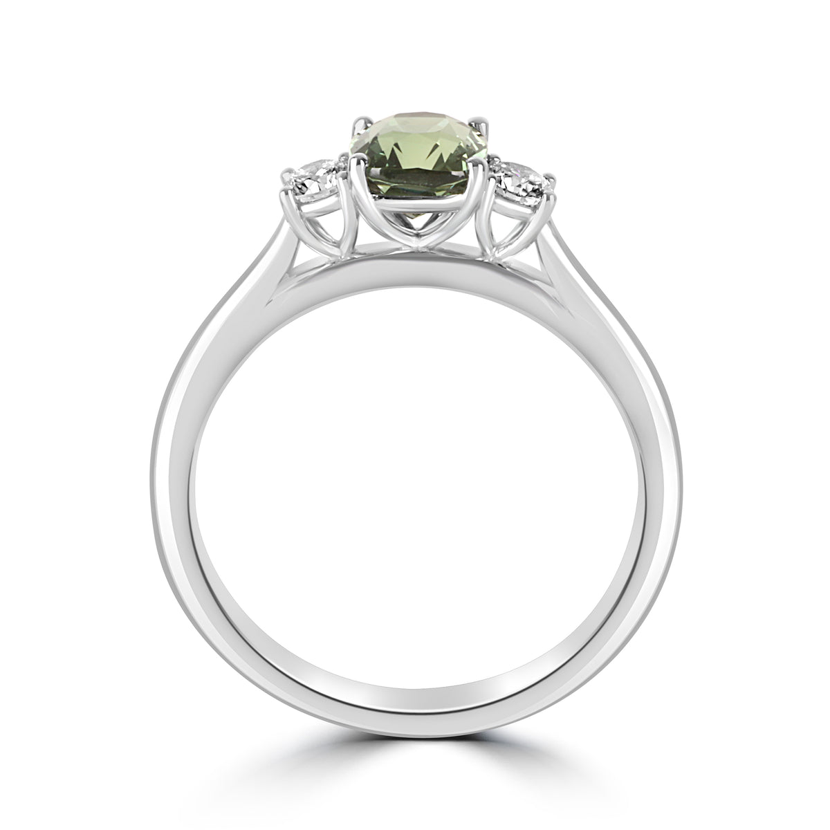 Platinum Three-Stone Cushion Cut Green Sapphire and Diamond Ring