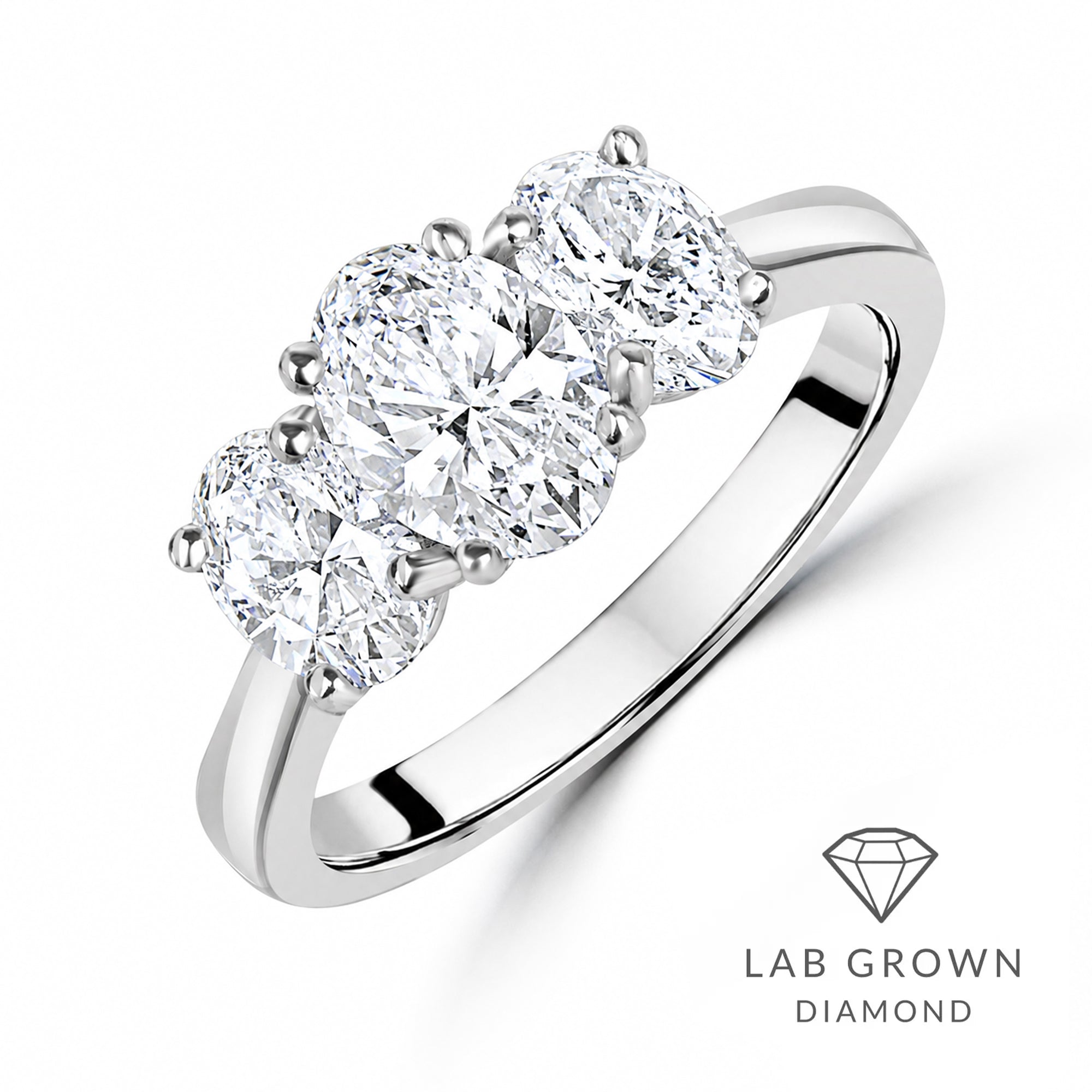 Platinum Three Stone Oval Cut Lab Grown Diamond Engagement Ring