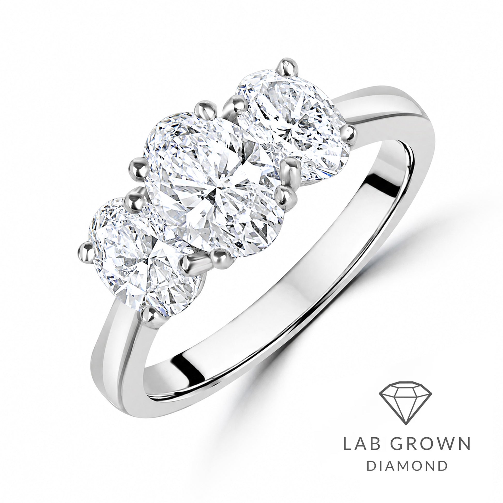 Platinum Three Stone Oval Cut Lab Grown Diamond Engagement Ring