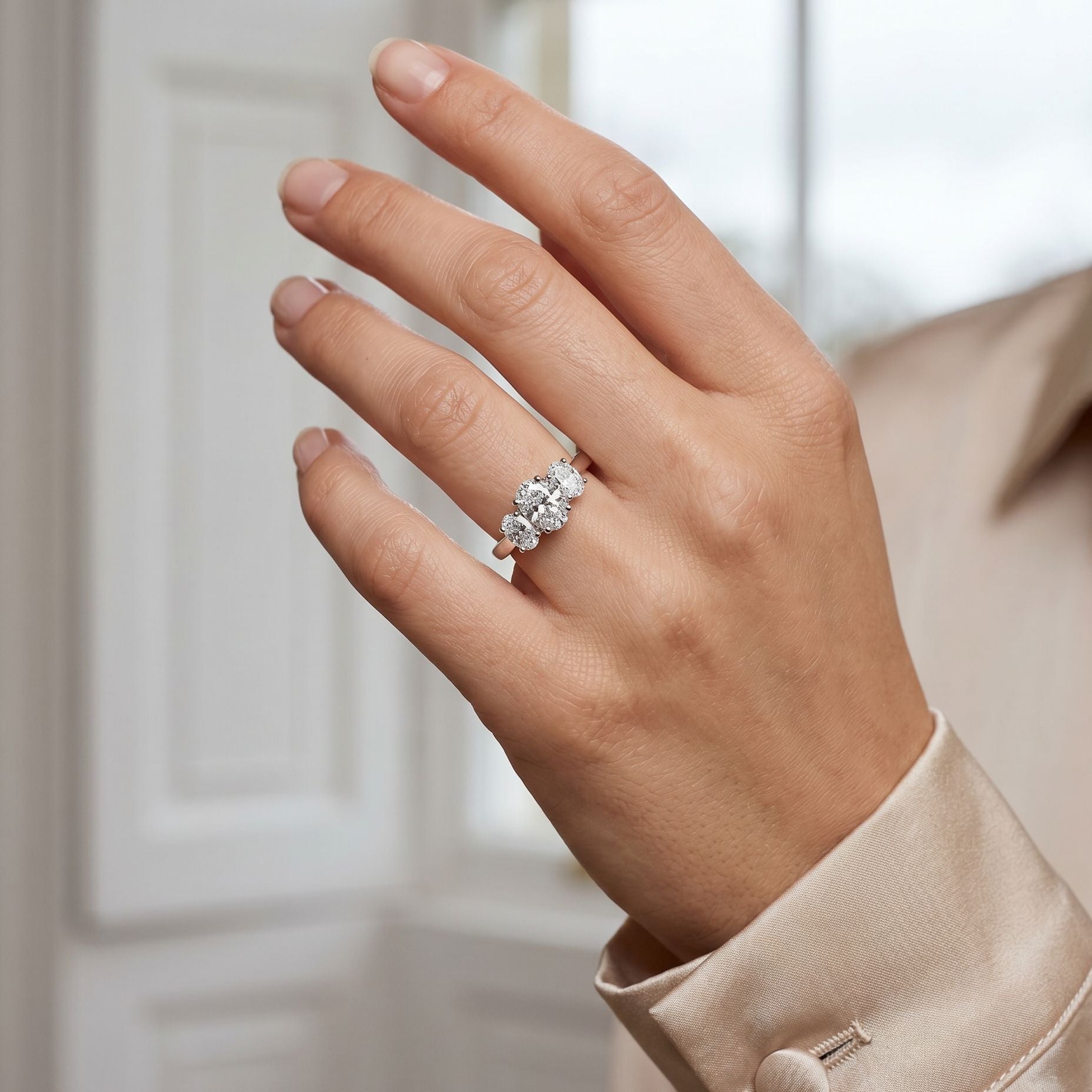 Platinum Three Stone Oval Cut Lab Grown Diamond Engagement Ring