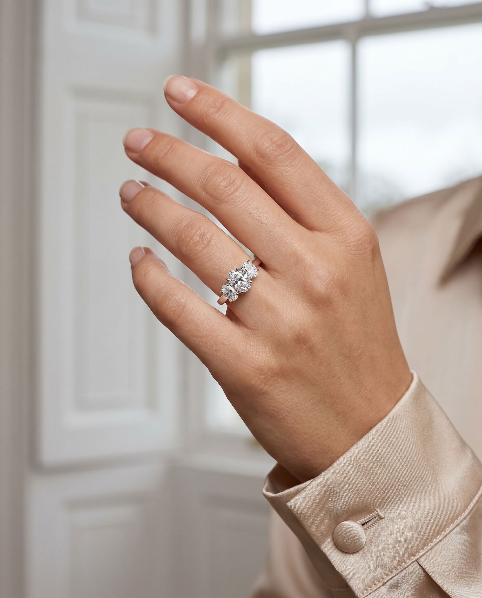 Platinum Three Stone Oval Cut Lab Grown Diamond Engagement Ring