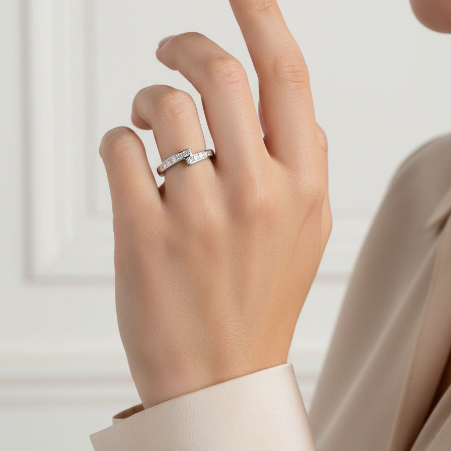 18ct White Gold Zigzag Crossover Ring with Princess Cut Diamonds