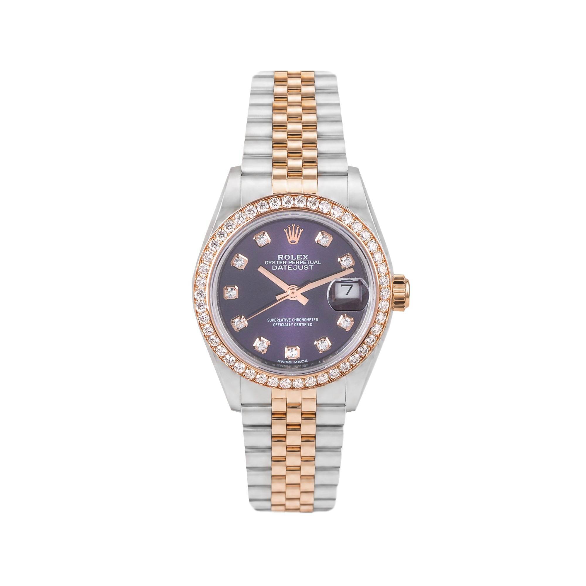 Rolex Datejust 28mm Steel & 18ct Rose Gold Aubergine Diamond Dot Dial Pre-Owned Watch