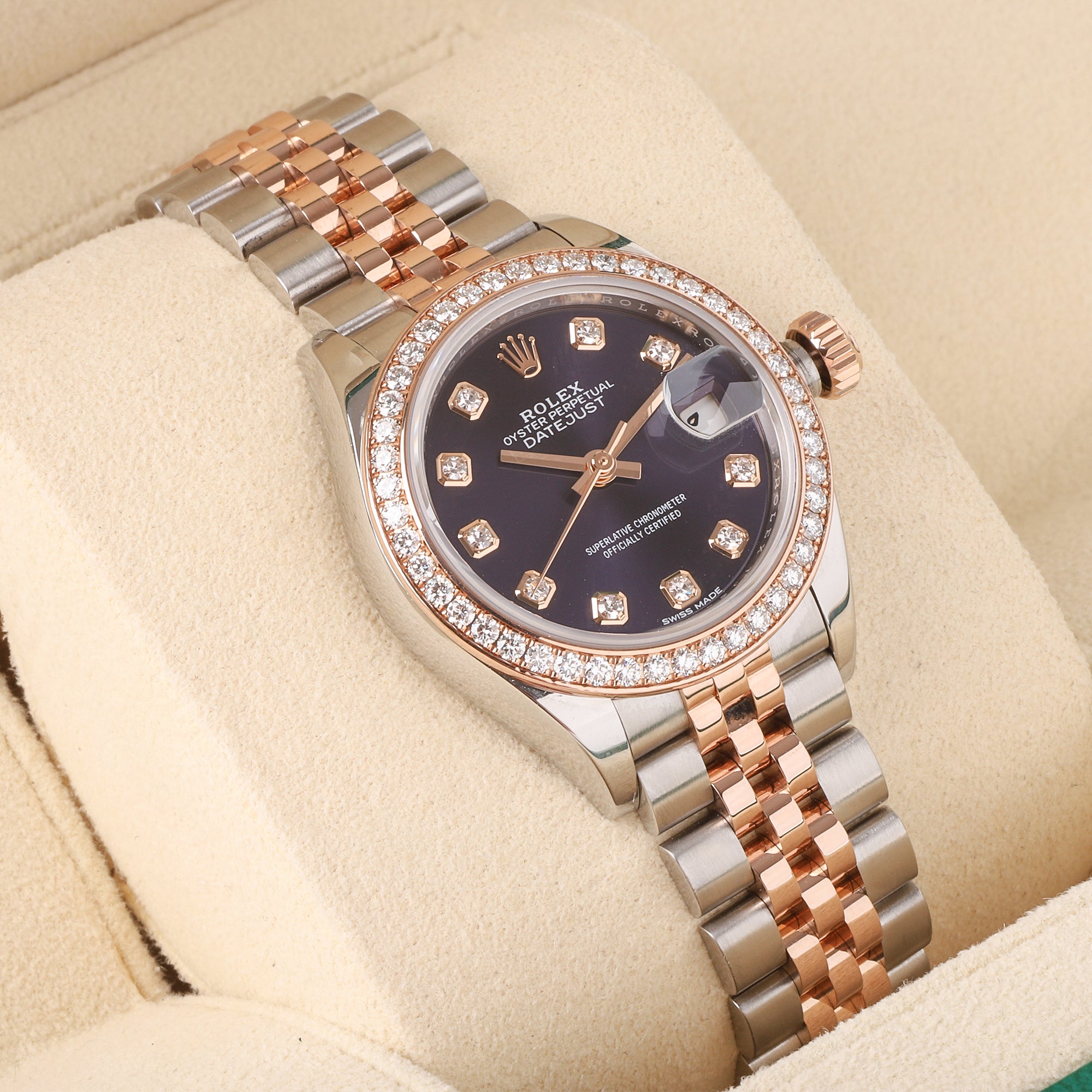 Rolex Datejust 28mm Steel & 18ct Rose Gold Aubergine Diamond Dot Dial Pre-Owned Watch