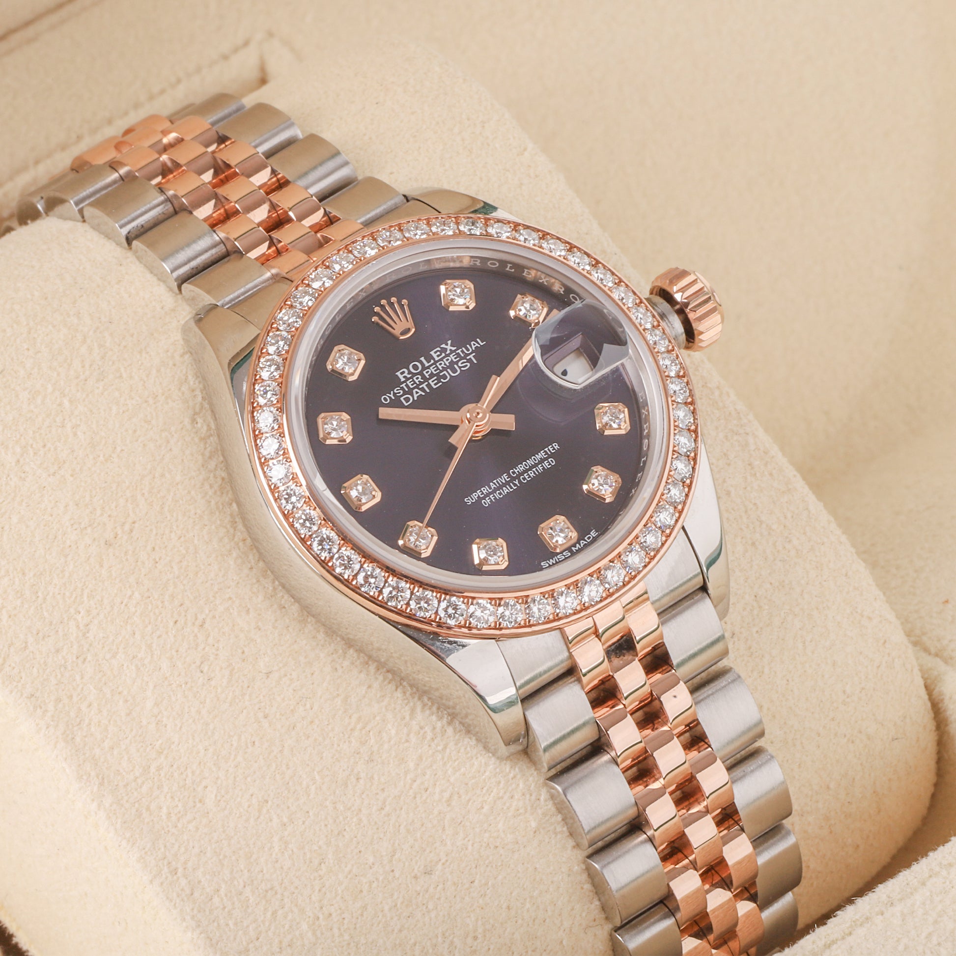 Rolex Datejust 28mm Steel & 18ct Rose Gold Aubergine Diamond Dot Dial Pre-Owned Watch