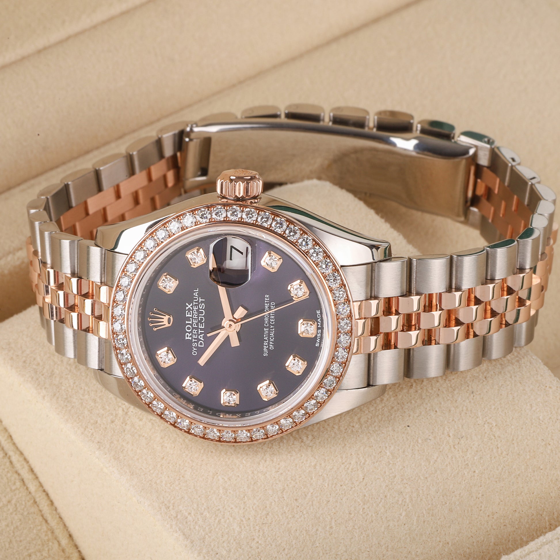 
Rolex Datejust 28mm Steel & 18ct Rose Gold Aubergine Diamond Dot Dial Pre-Owned Watch
