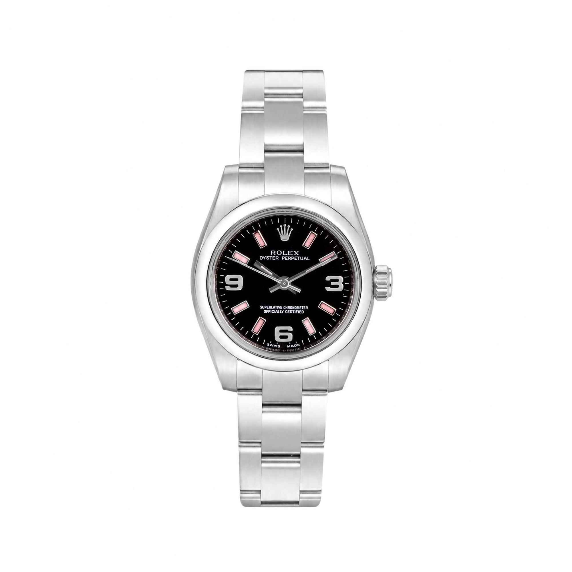 Rolex Stainless Steel Oyster Perpetual Black Dial Pink Baton Pre-Owned Watch