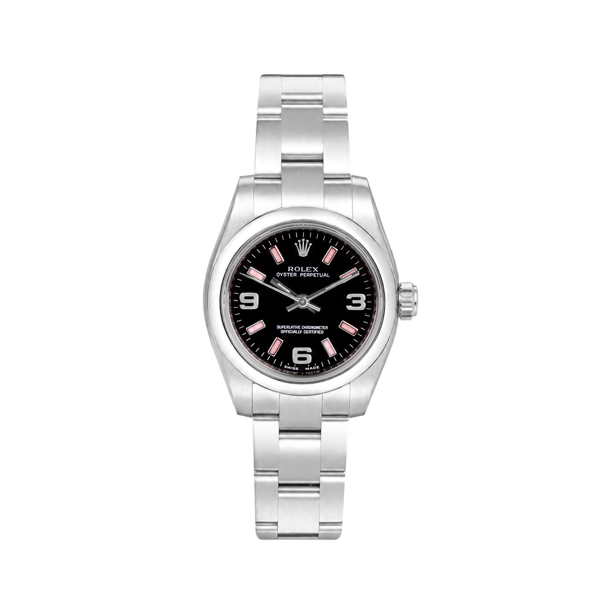 Rolex Stainless Steel Oyster Perpetual Black Dial Pink Baton Pre-Owned Watch