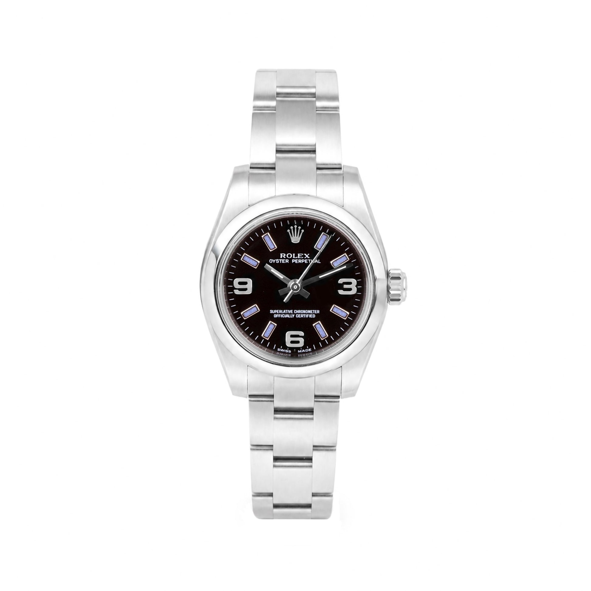 Rolex Stainless Steel Oyster Perpetual Pre-Owned Watch With Black Dial & Purple Batons