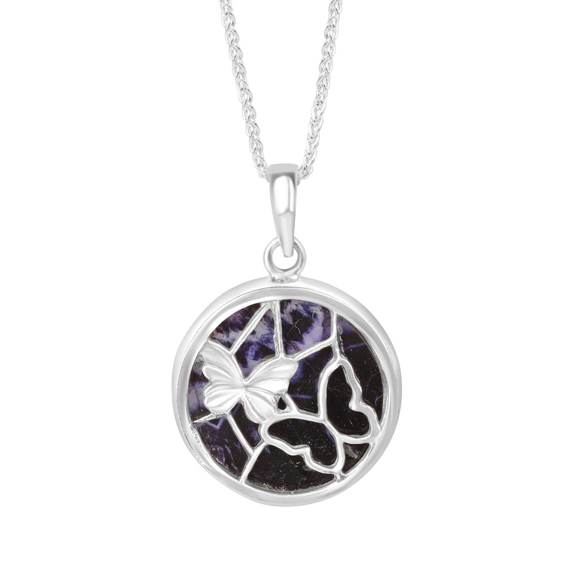 Round Blue John Double Sided Pendant with Butterflies, on a 16"- 18" Spiga Chain