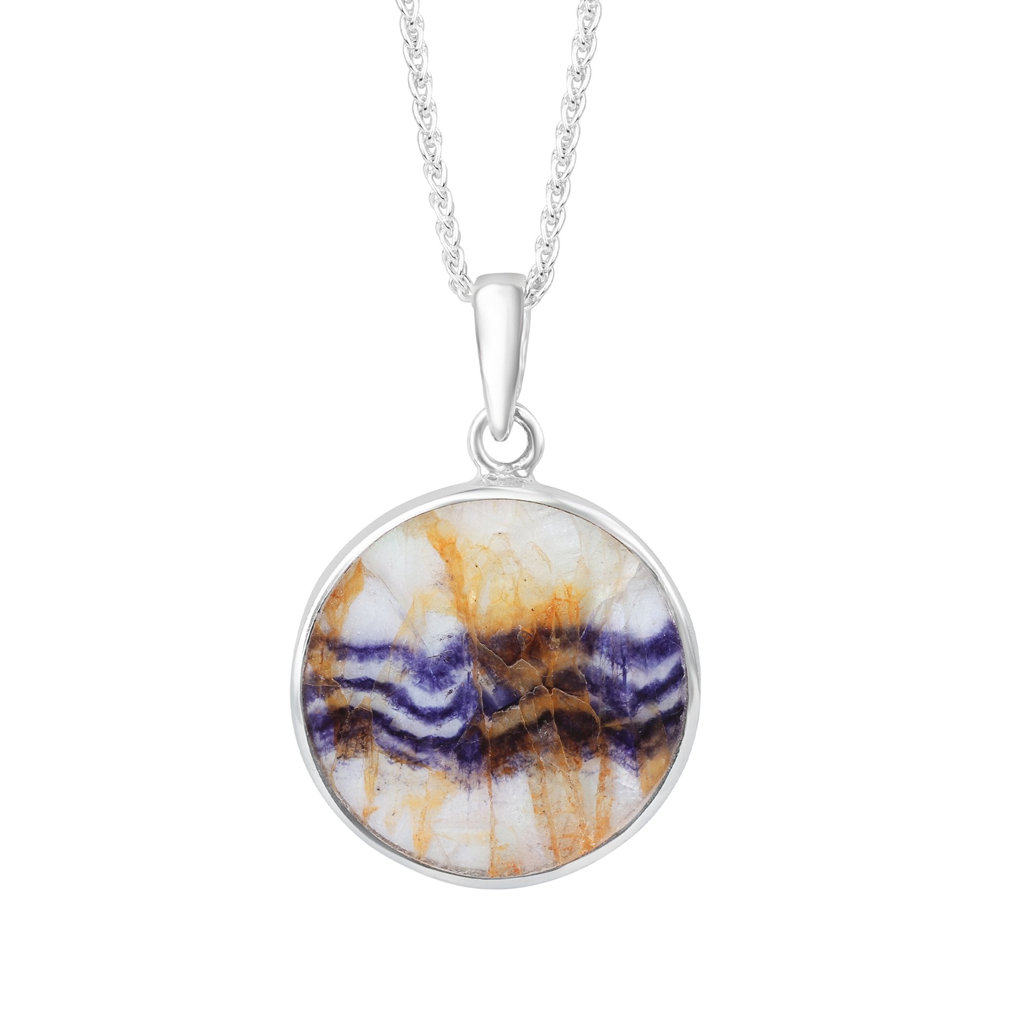 Round Blue John Double Sided Pendant with Butterflies, on a 16"- 18" Spiga Chain