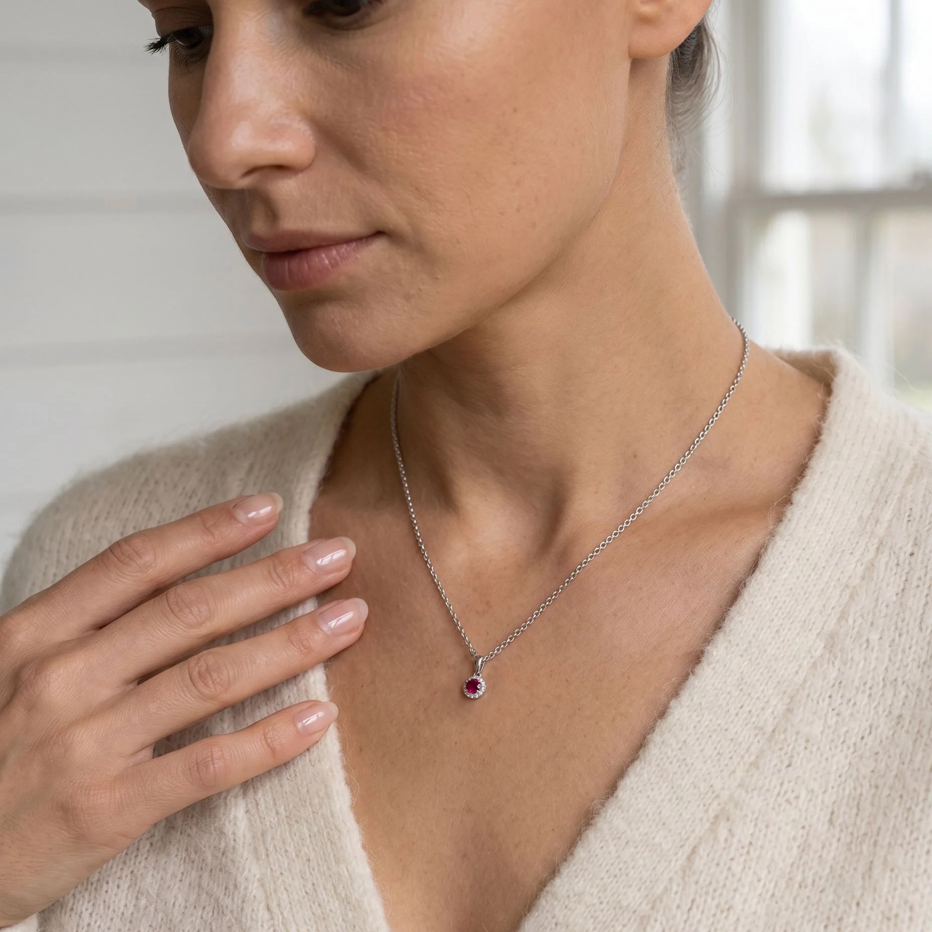 Round Ruby and Diamond Cluster Necklace