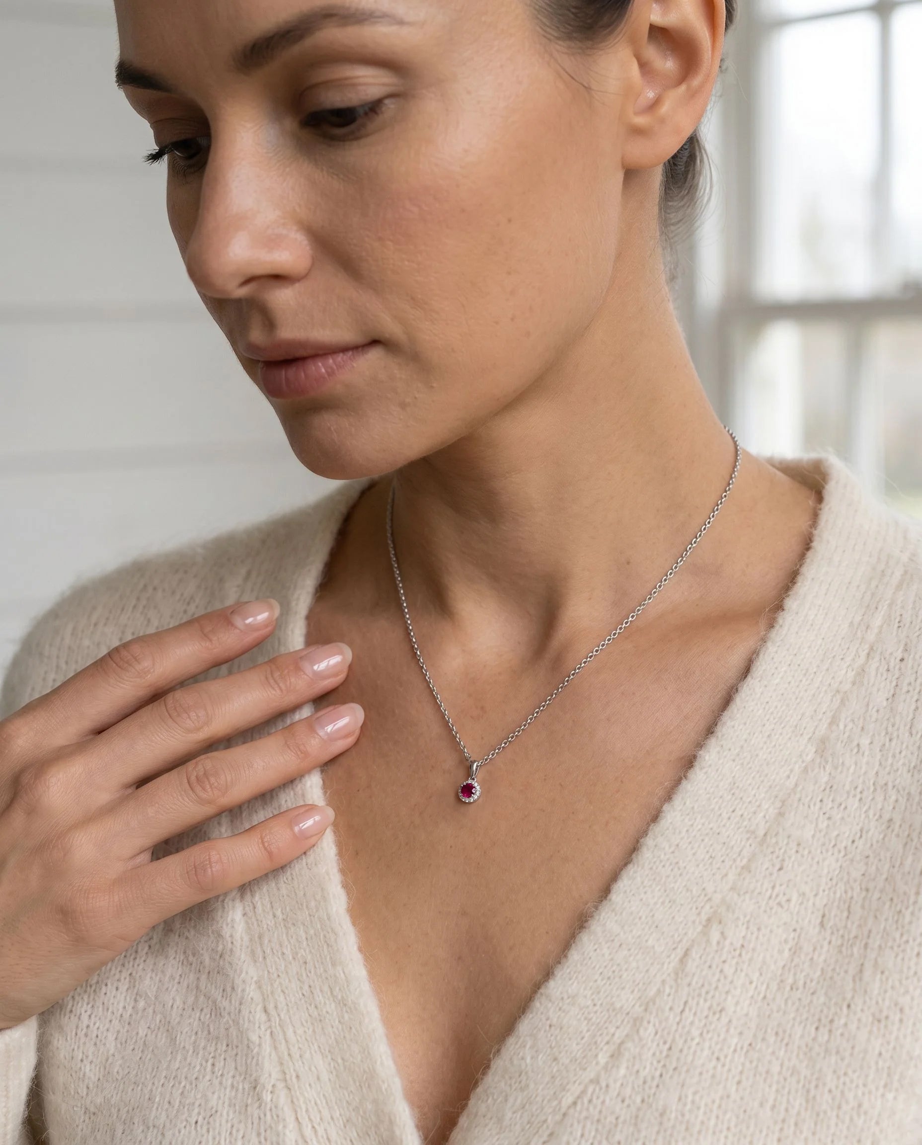 Round Ruby and Diamond Cluster Necklace