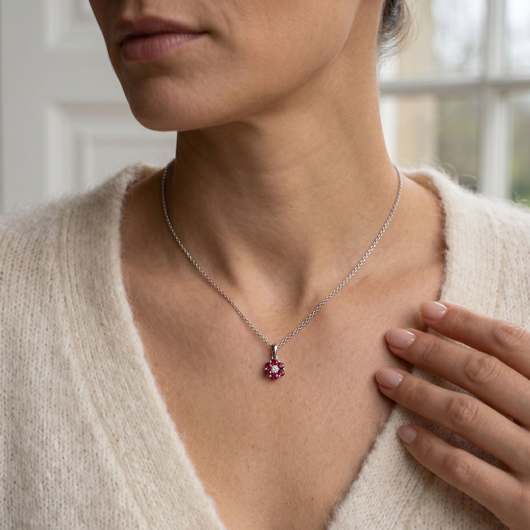 Ruby and Diamond 18ct Gold Flower Necklace