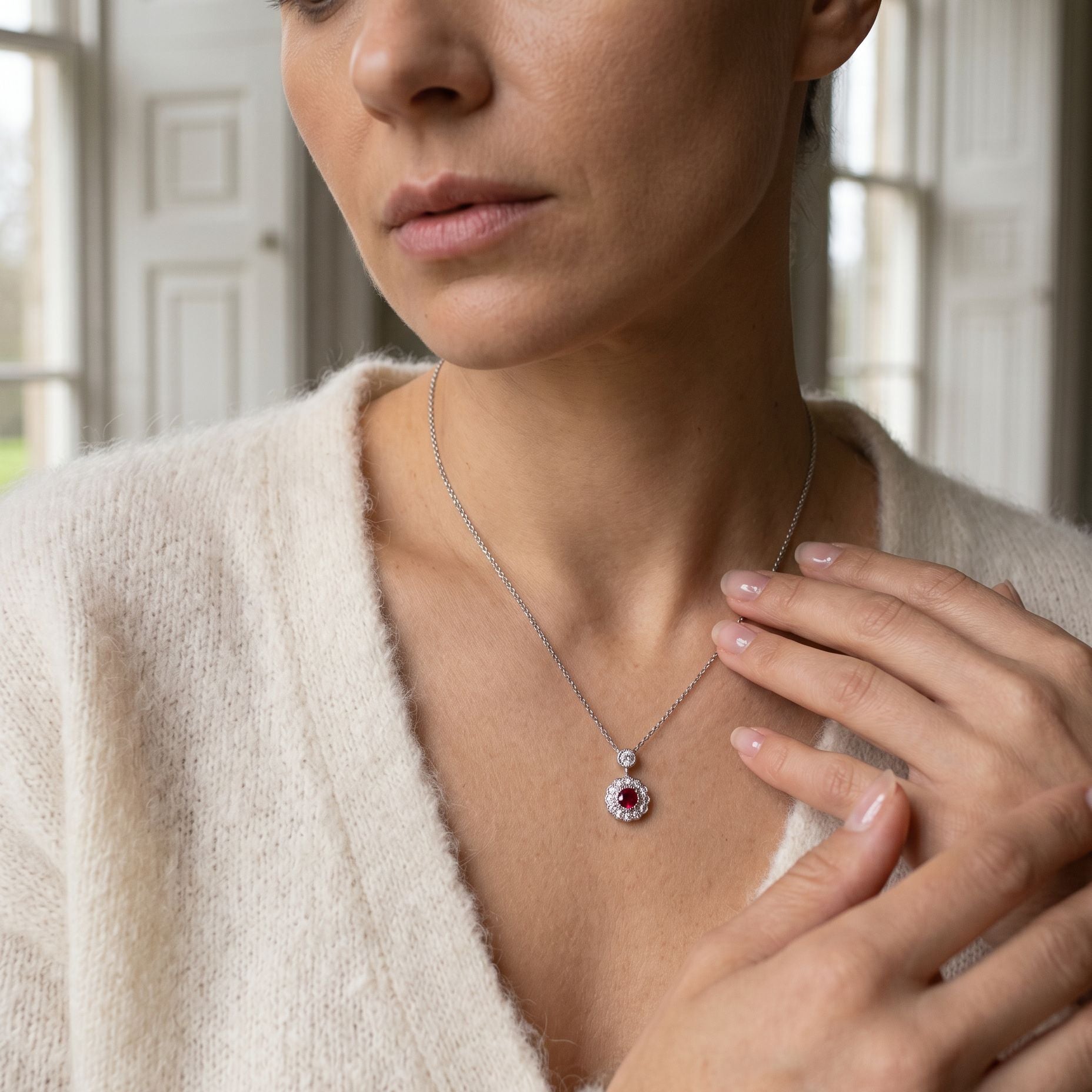 Ruby and Diamond Cluster Necklace