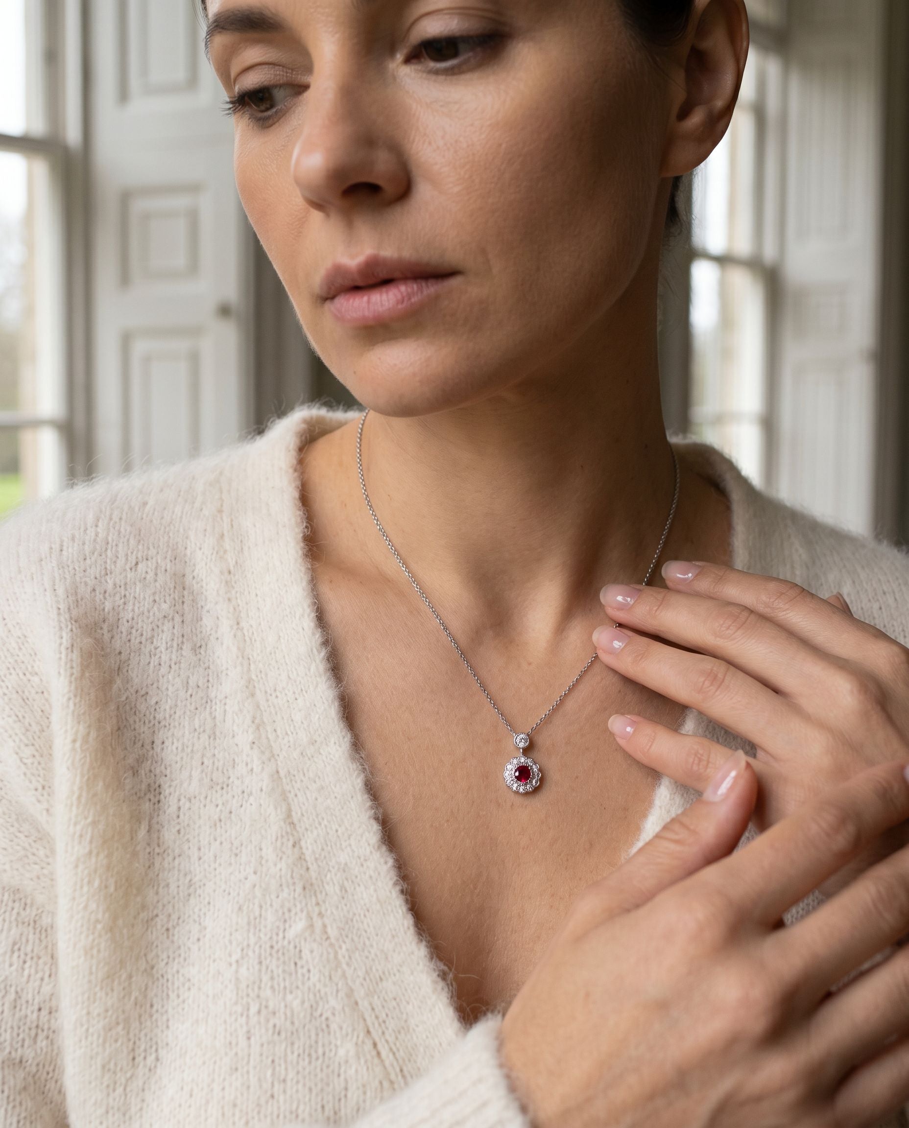Ruby and Diamond Cluster Necklace