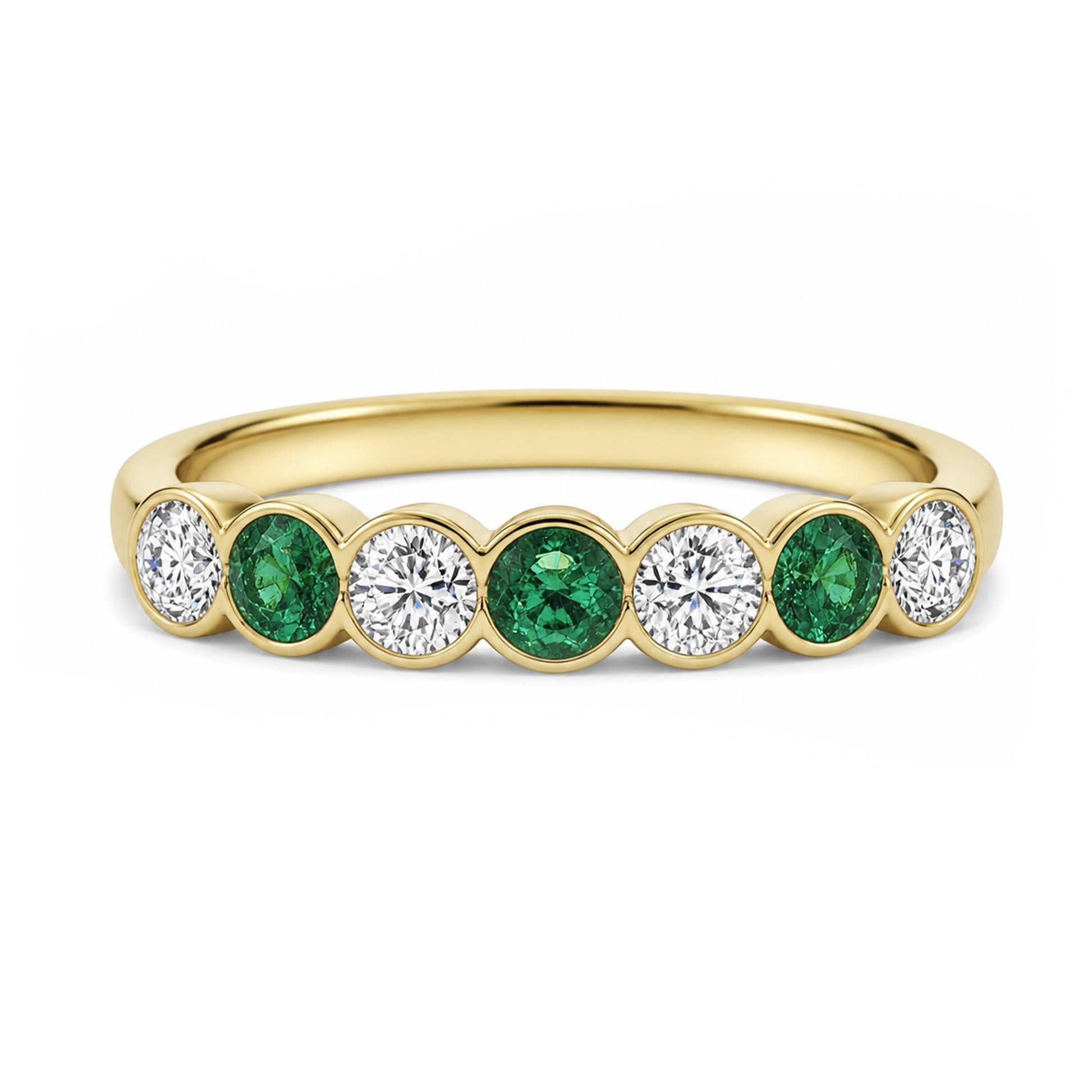 Seven Stone Alternating Emerald and Diamond Scalloped Edge Eternity Ring