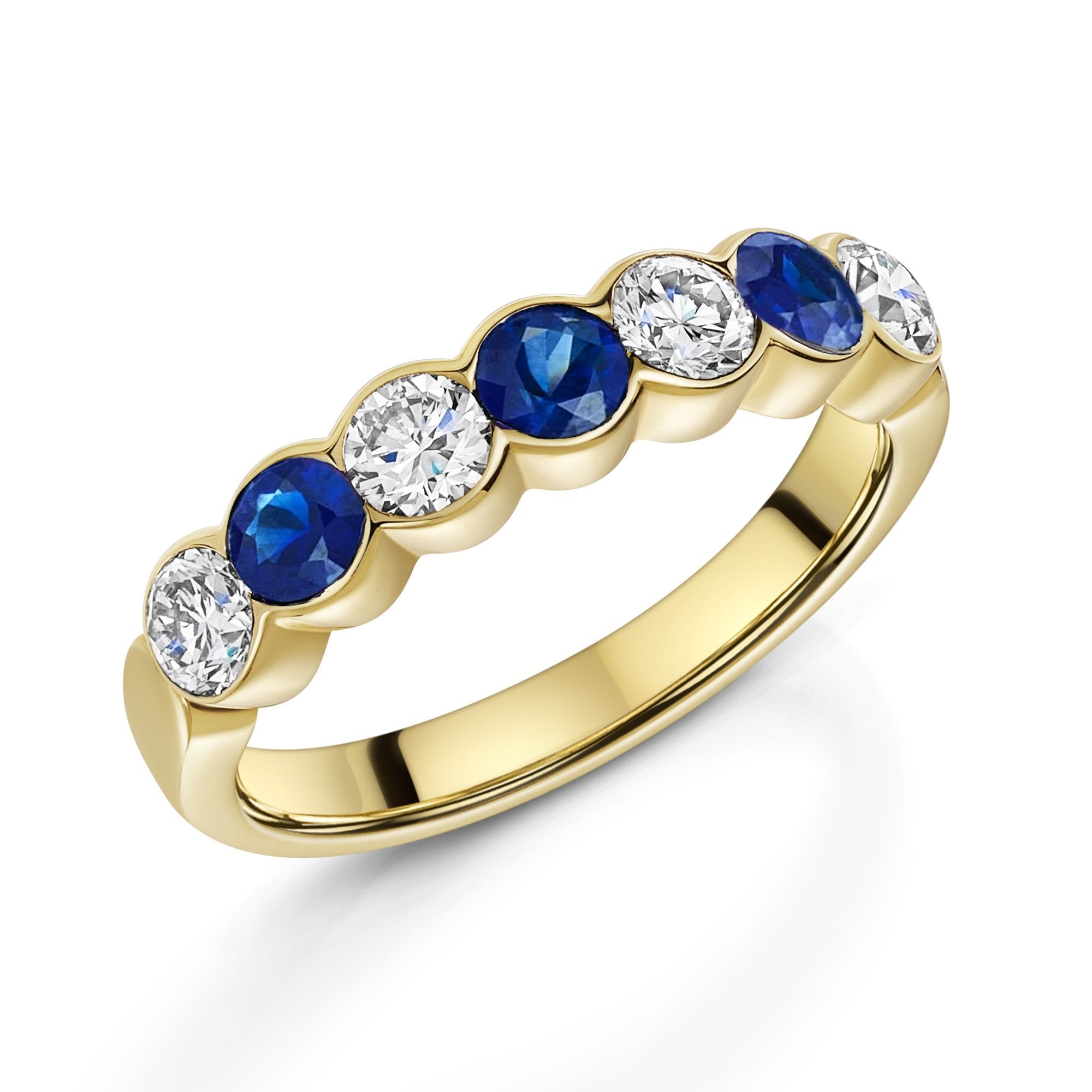 Seven Stone Sapphire and Diamond Scalloped Ring in 18ct Yellow Gold