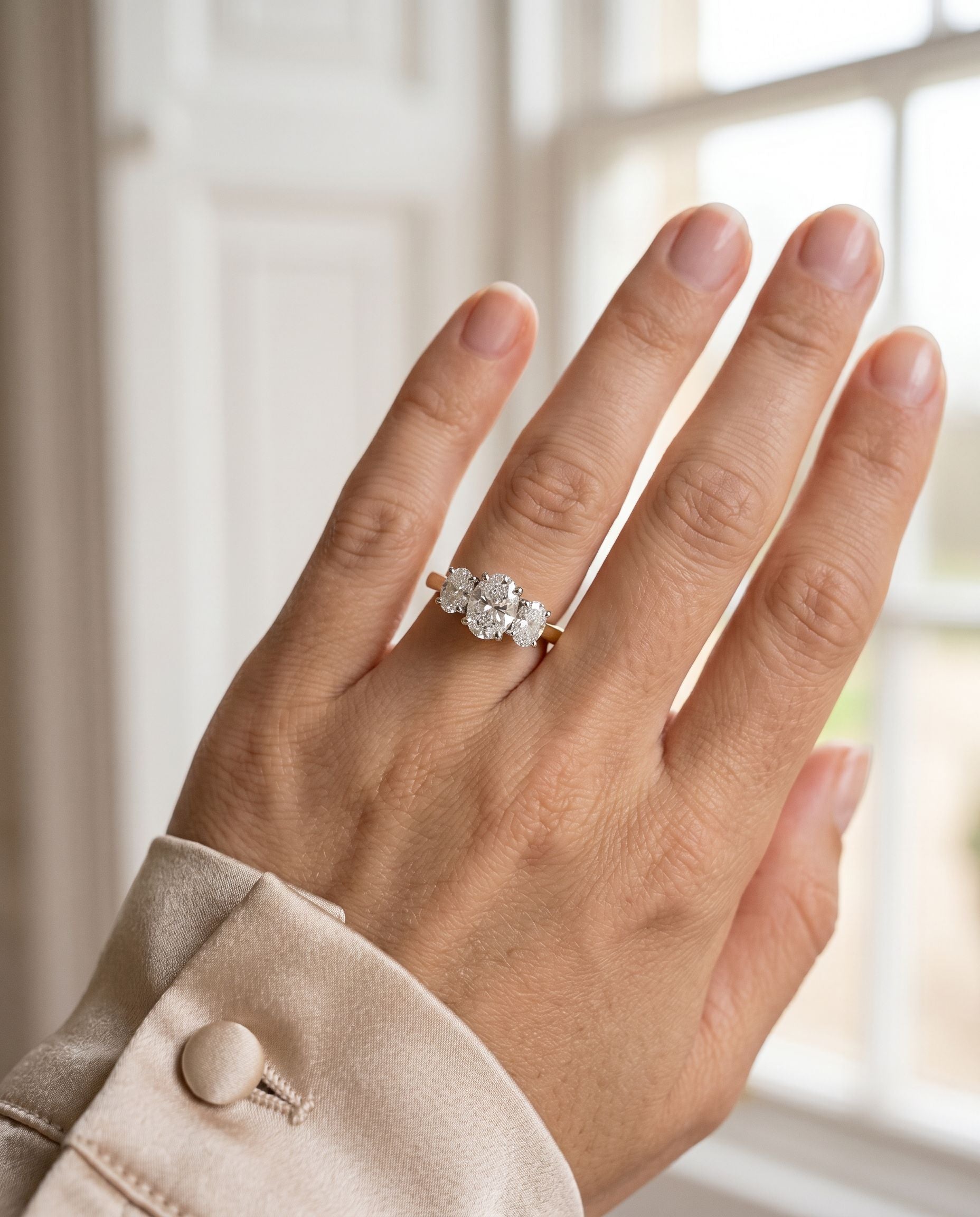 Signature 18ct Gold Three Stone Oval Cut Lab Grown Diamond Engagement Ring