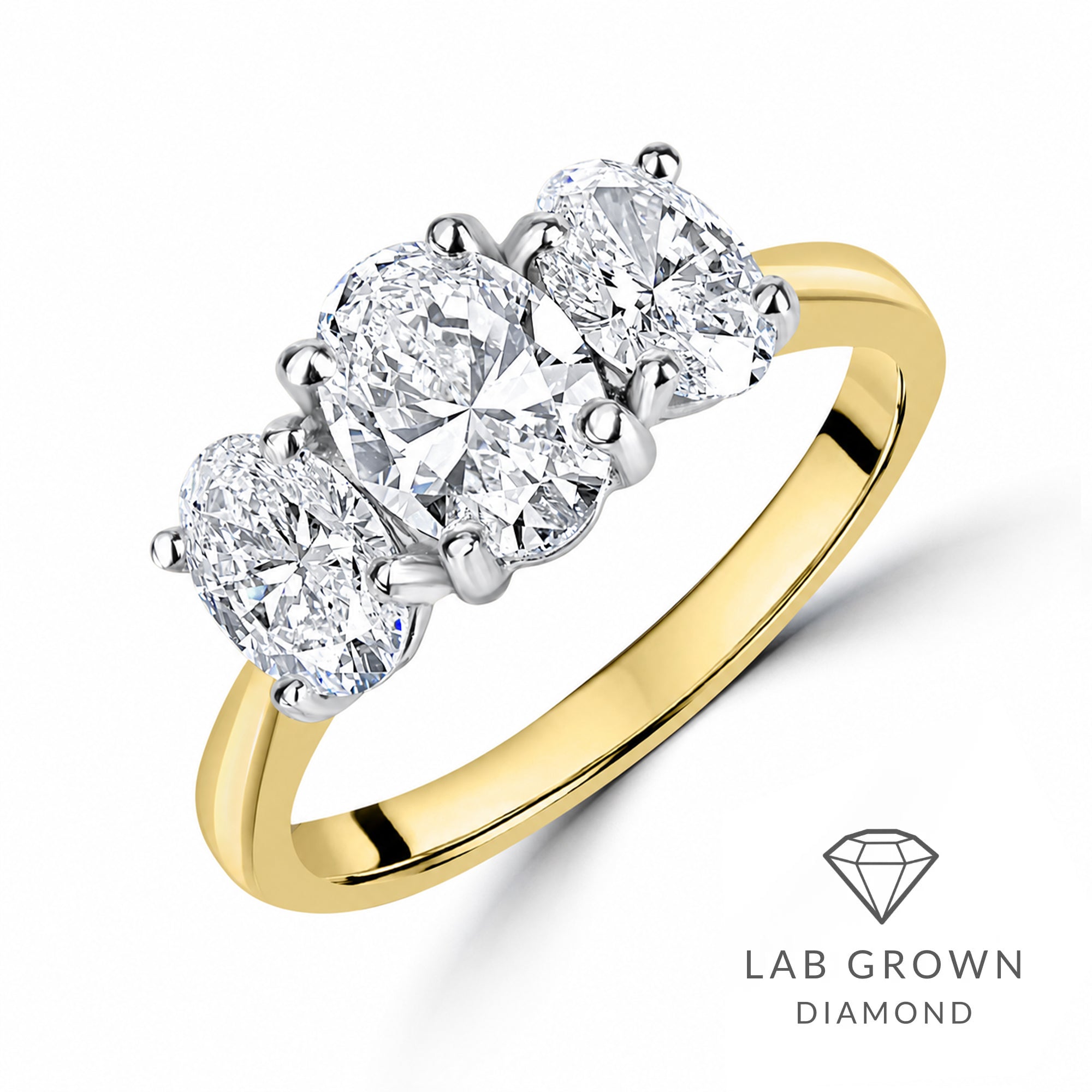 Signature 18ct Gold Three Stone Oval Cut Lab Grown Diamond Engagement Ring