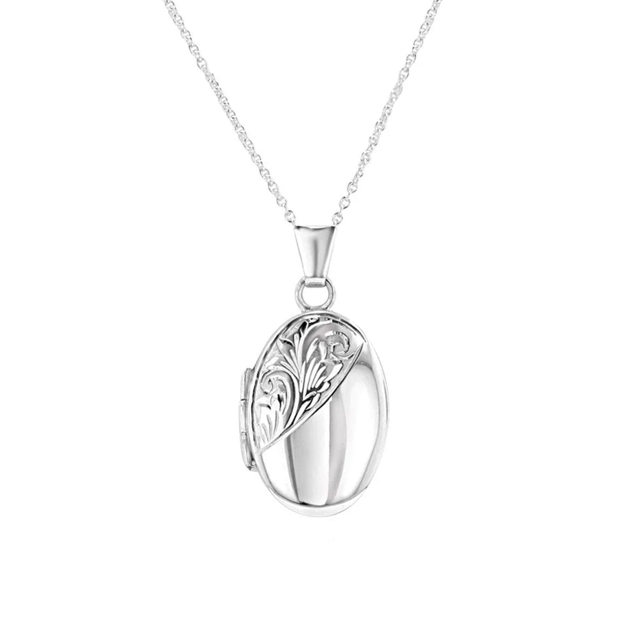 Silver Engraved Oval Locket Necklace